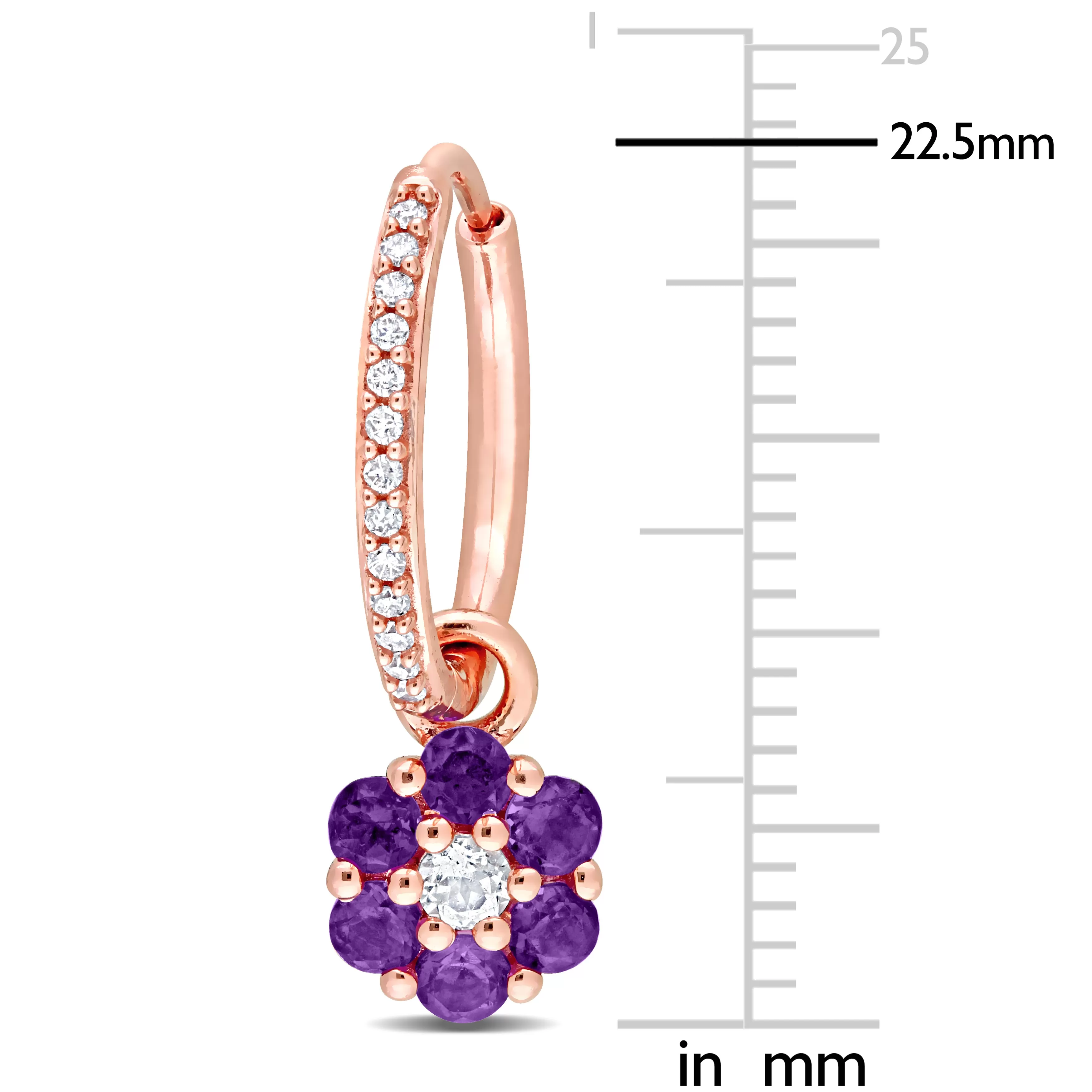 1 1/4 CT TGW Amethyst nd White Topaz and 1/8 CT TDW Diamond Floral Huggie Earrings in 10k Rose Gold