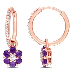 1 1/4 CT TGW Amethyst nd White Topaz and 1/8 CT TDW Diamond Floral Huggie Earrings in 10k Rose Gold