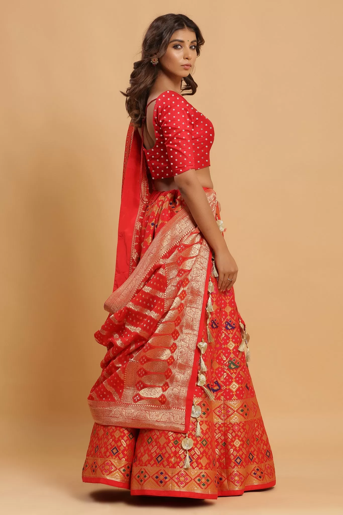 30Z221-RO Red Zari Print Silk Lehenga Set