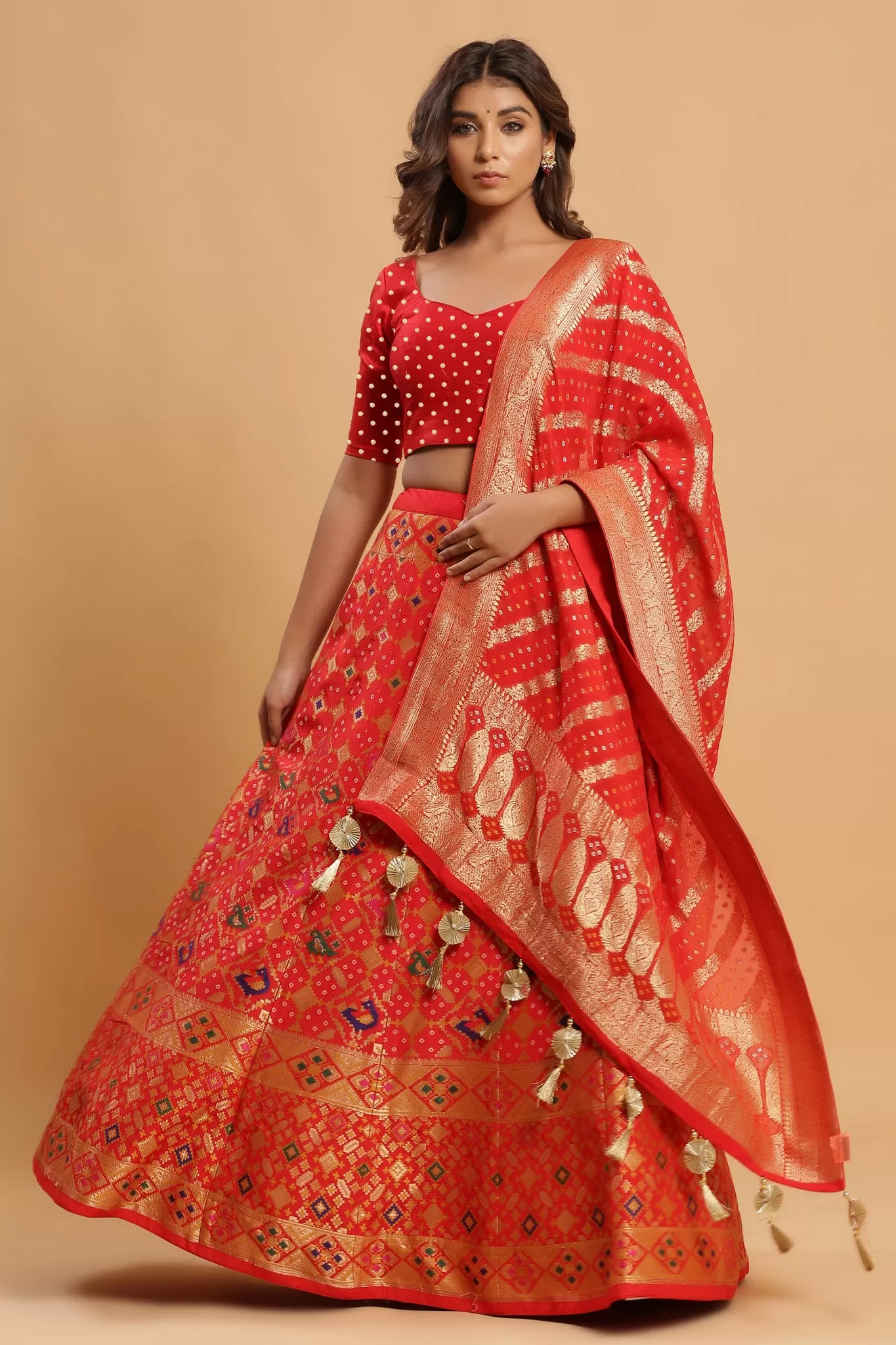 30Z221-RO Red Zari Print Silk Lehenga Set