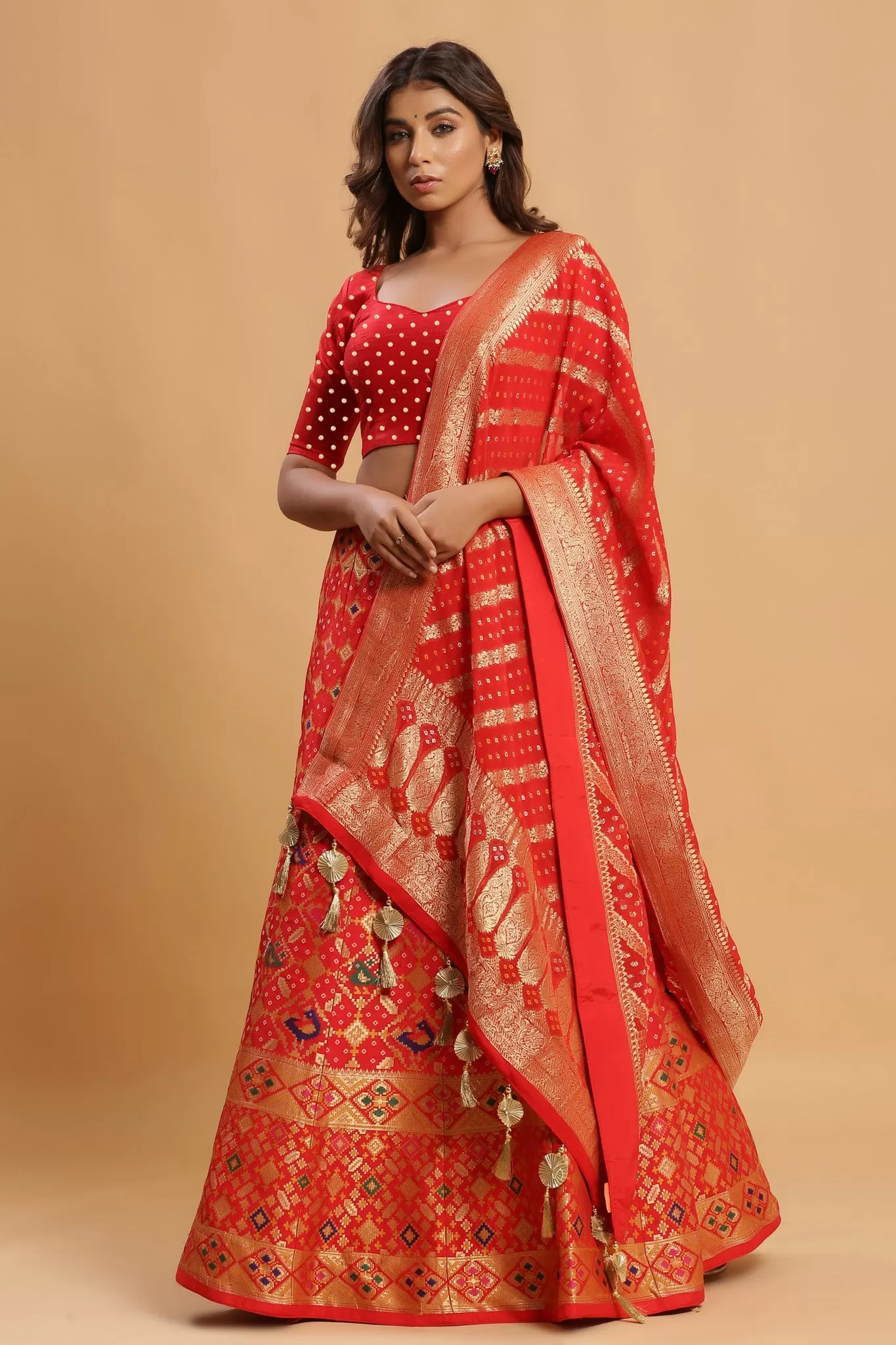 30Z221-RO Red Zari Print Silk Lehenga Set