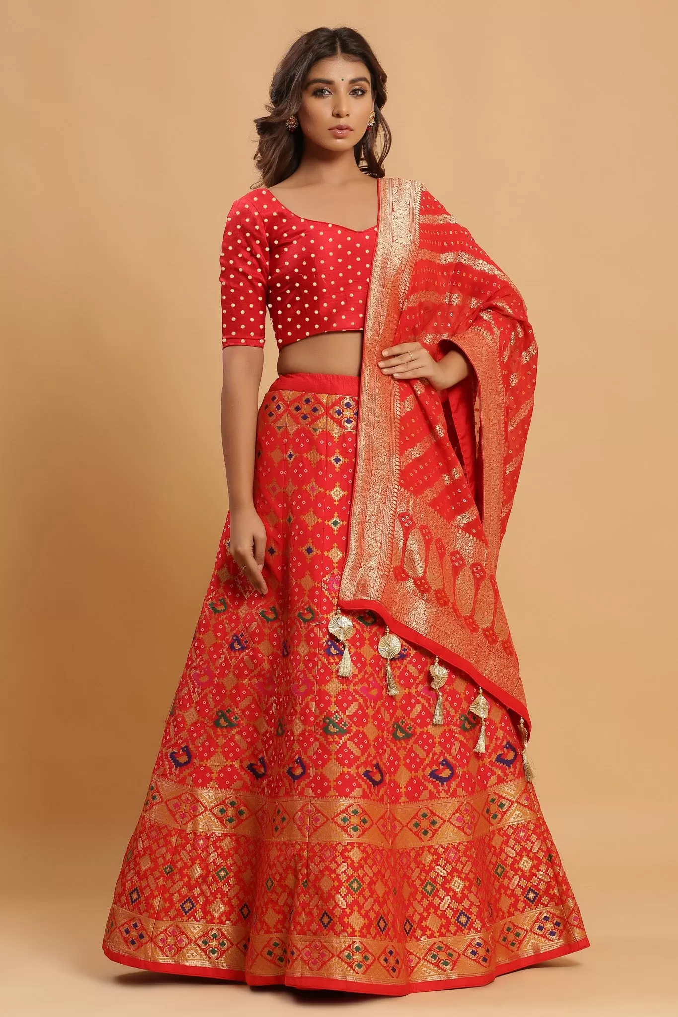 30Z221-RO Red Zari Print Silk Lehenga Set