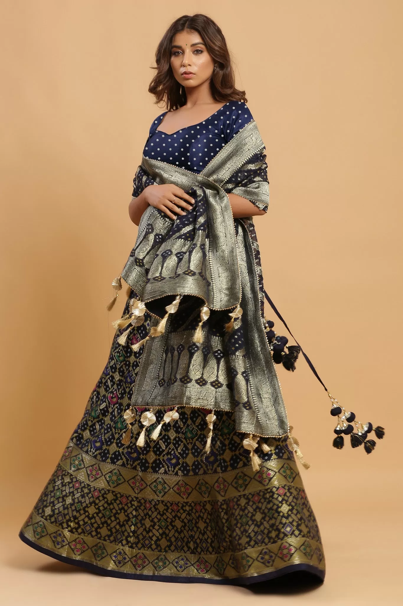 30Z221B-RO Navy Zari Print Silk Lehenga Set With Beautiful Dupatta