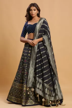 30Z221B-RO Navy Zari Print Silk Lehenga Set With Beautiful Dupatta