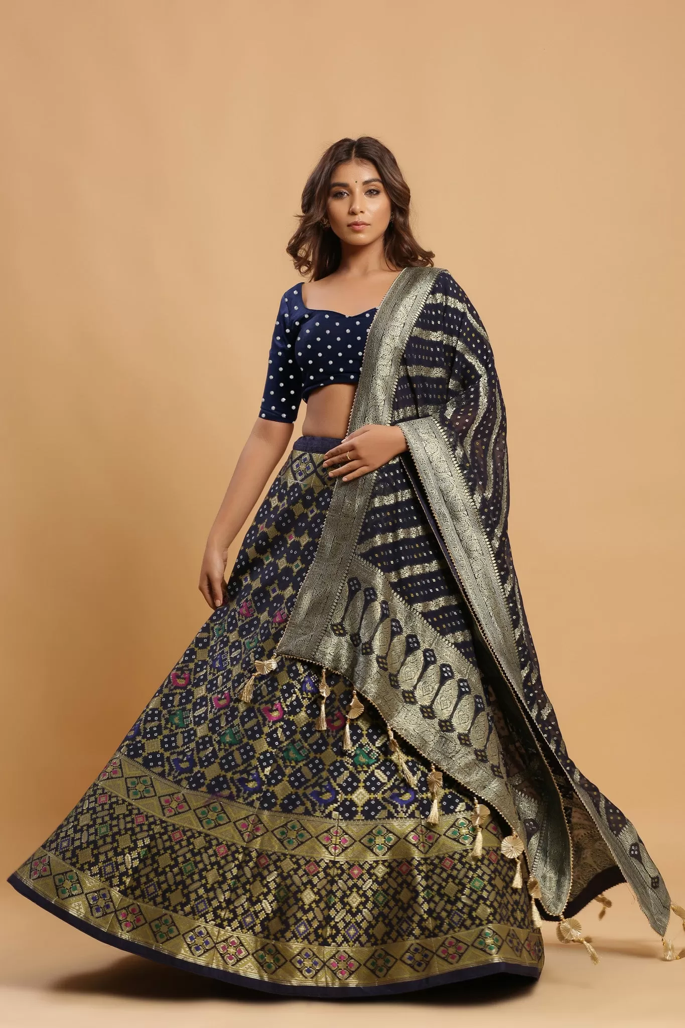 30Z221B-RO Navy Zari Print Silk Lehenga Set With Beautiful Dupatta