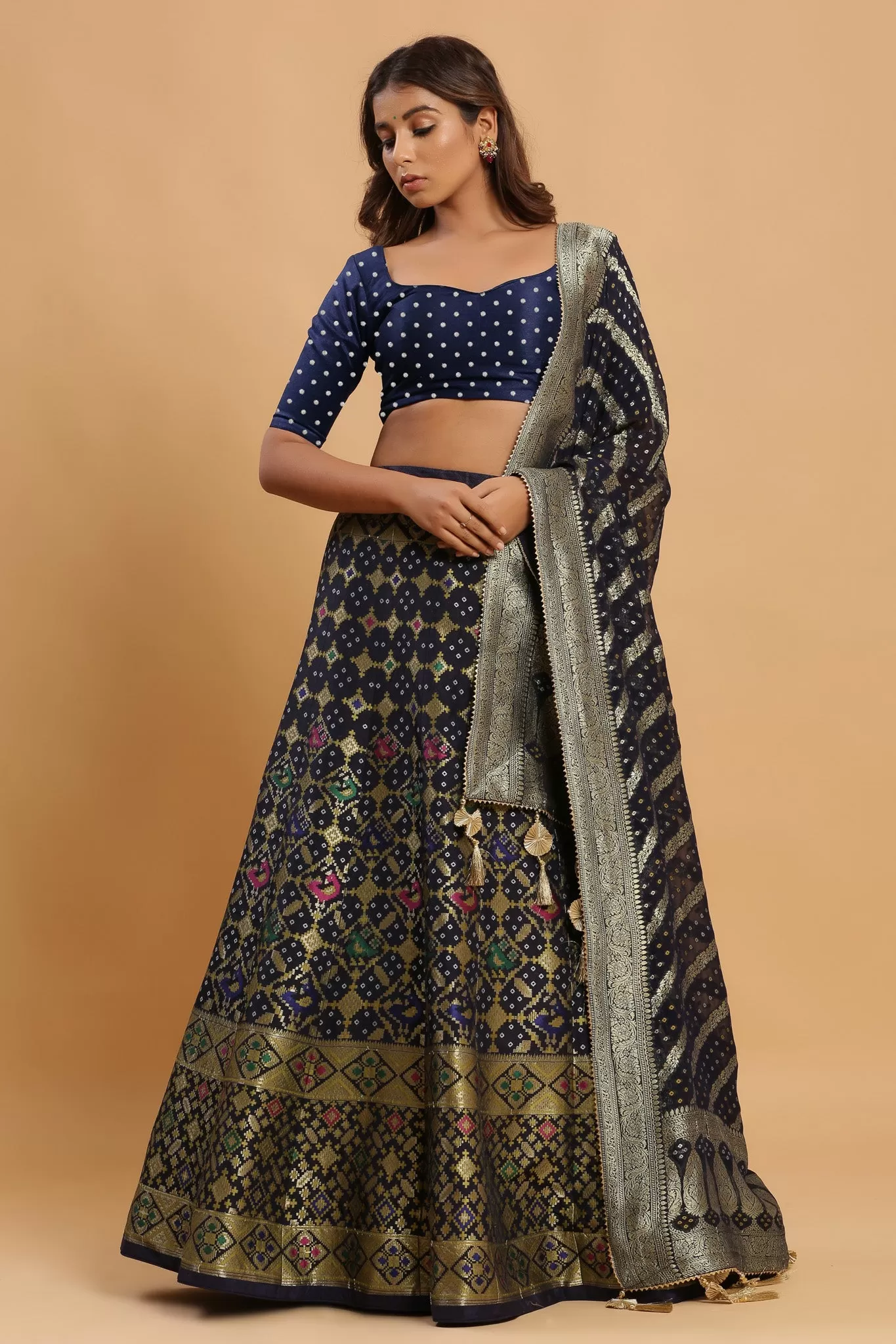 30Z221B-RO Navy Zari Print Silk Lehenga Set With Beautiful Dupatta