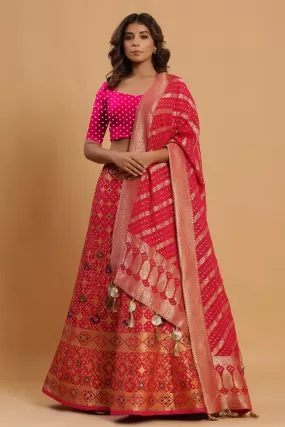 30Z221C-RO Orange Zari Print Silk Lehenga Set With Beautiful Dupatta