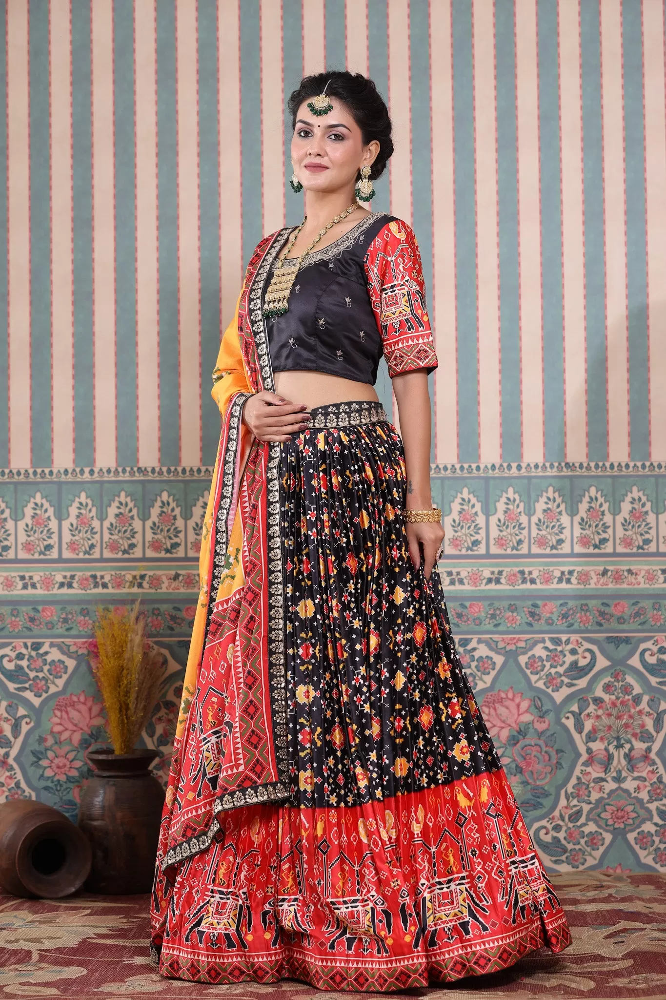 30Z247-RO Black Lehenga Multicolor Bandhej Print Set