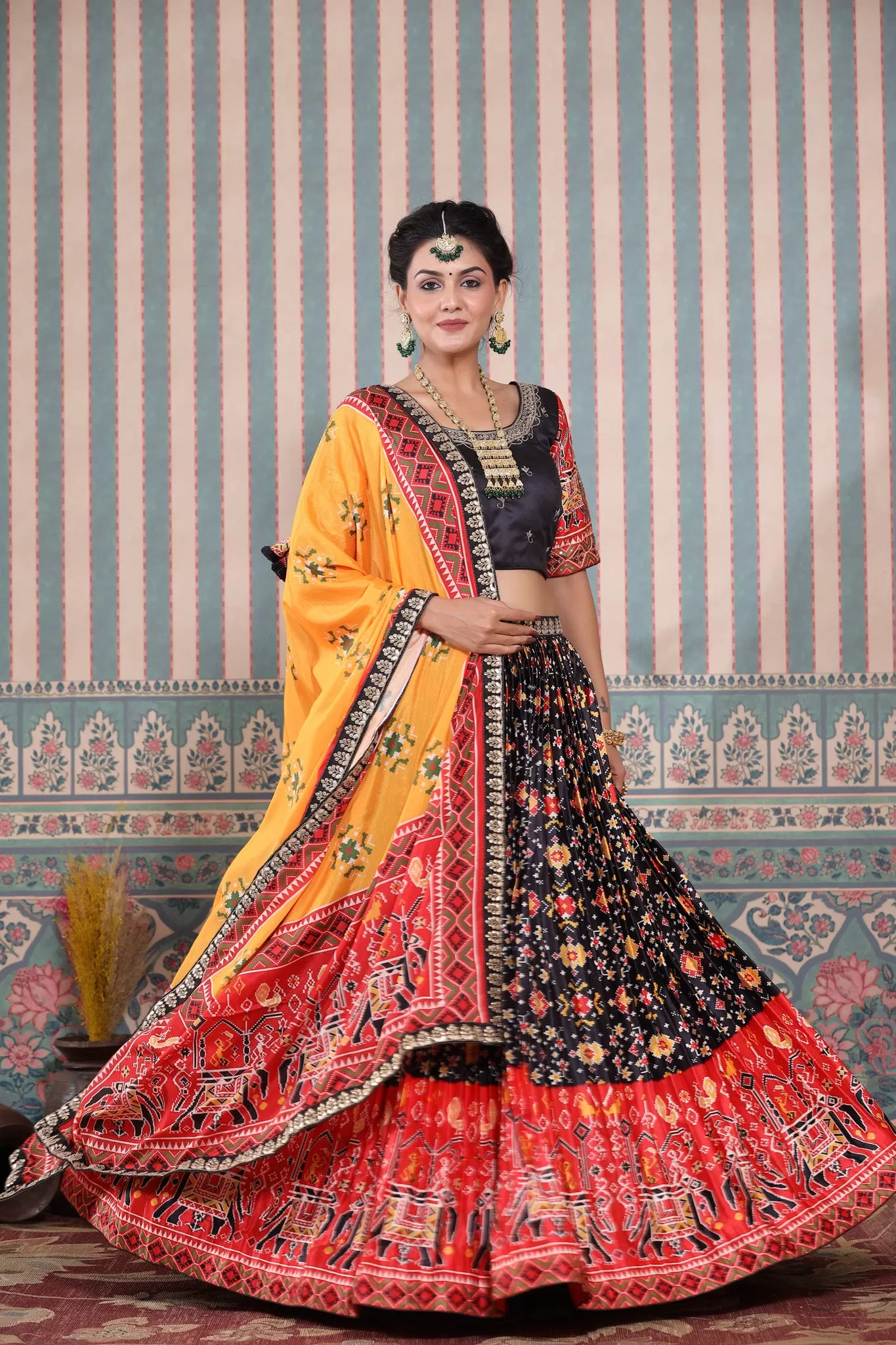 30Z247-RO Black Lehenga Multicolor Bandhej Print Set