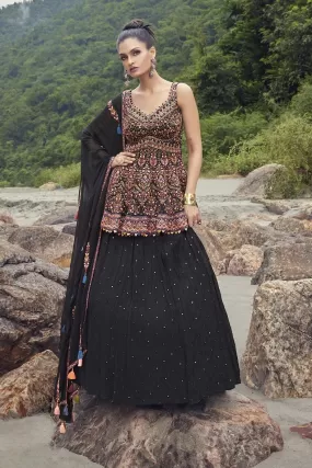 30Z273-RO Black Peplum Top Lehenga with Dupatta