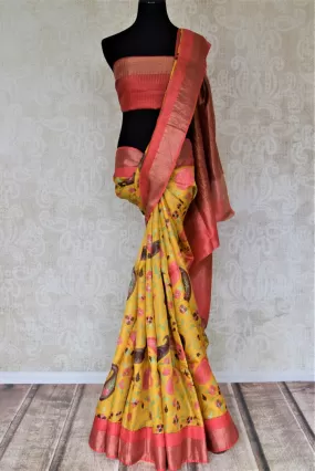 90J334-RO Yellow Floral Print Tassar Saree with Pink Zari Border