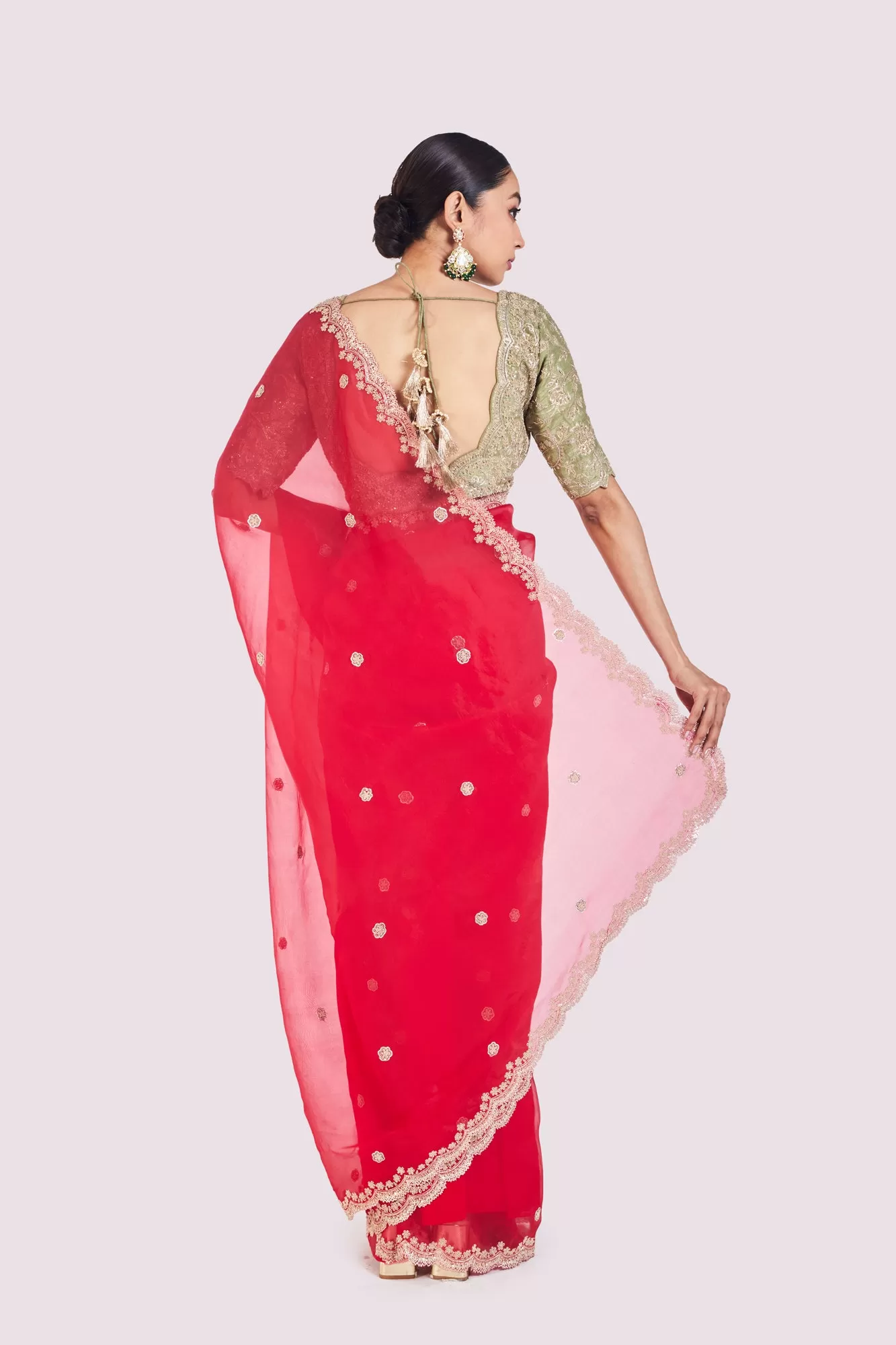 90Y032-RO Red Embroidered Organza Saree with Green Raw Silk Blouse