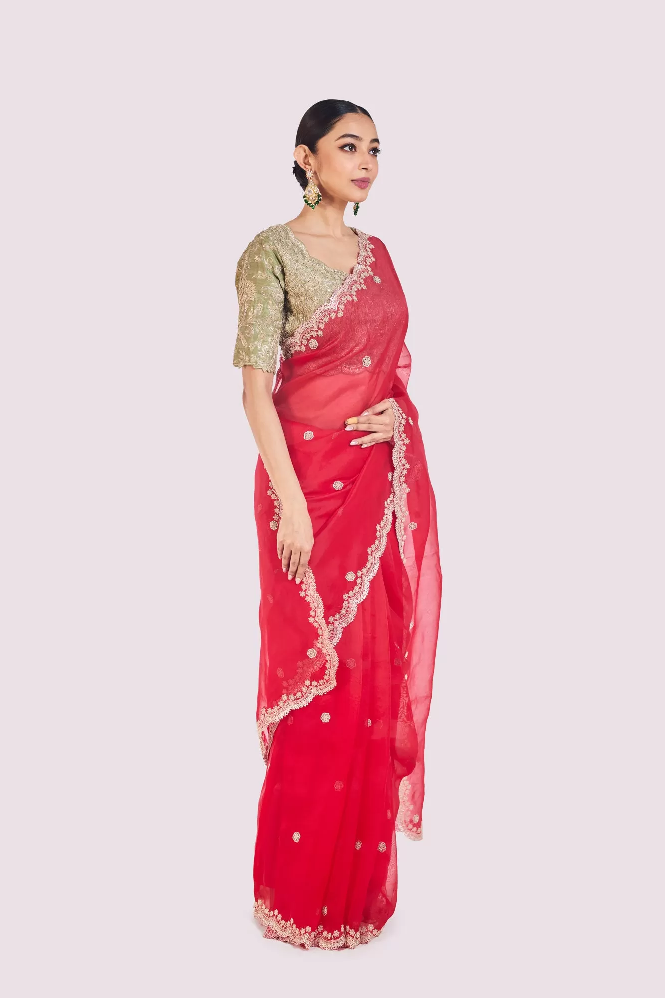 90Y032-RO Red Embroidered Organza Saree with Green Raw Silk Blouse