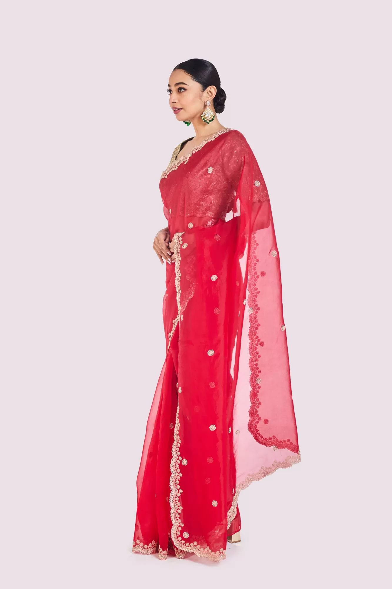 90Y032-RO Red Embroidered Organza Saree with Green Raw Silk Blouse