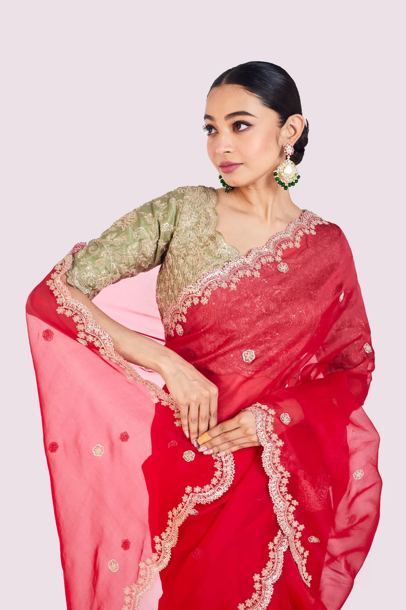 90Y032-RO Red Embroidered Organza Saree with Green Raw Silk Blouse