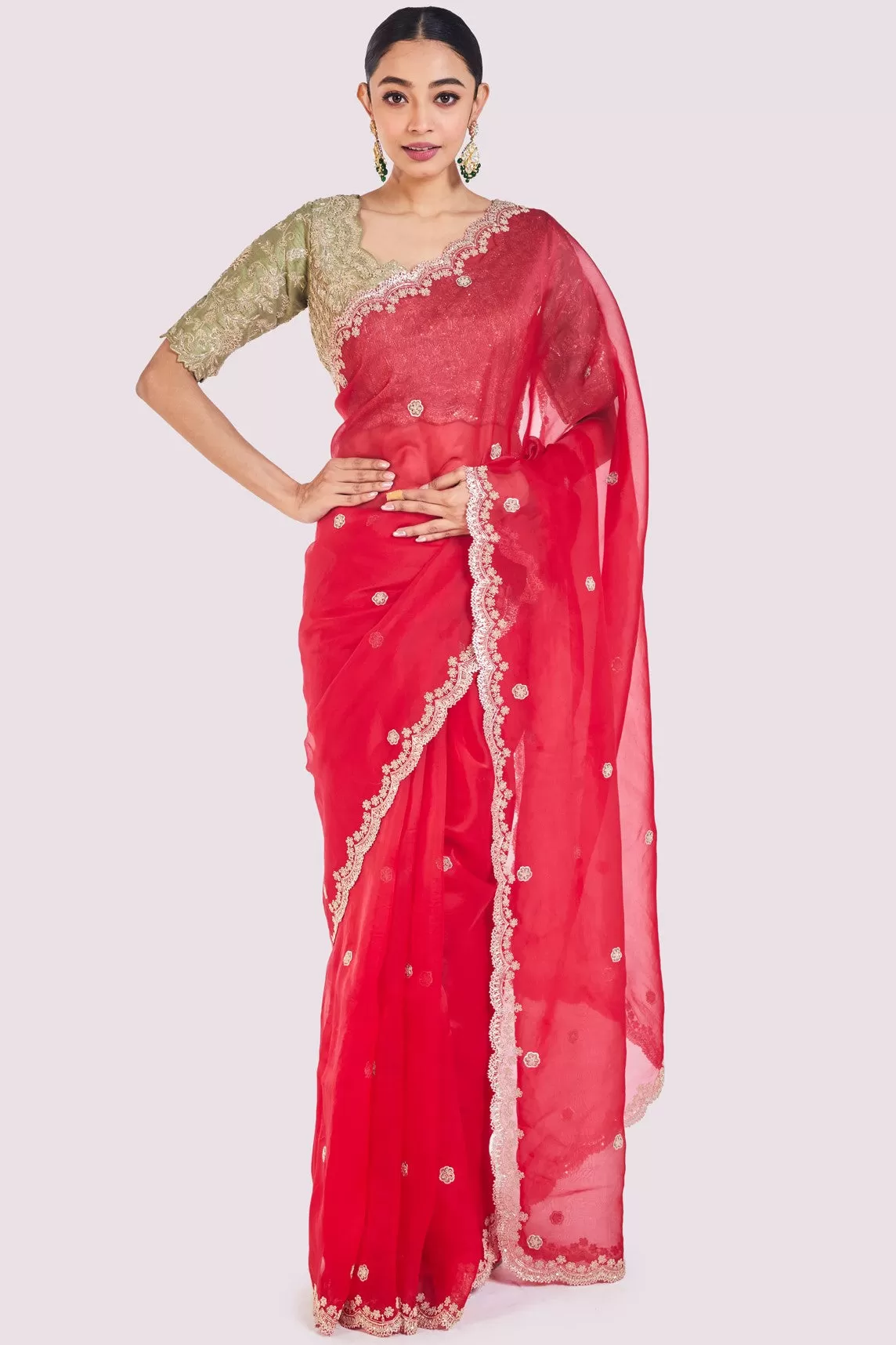 90Y032-RO Red Embroidered Organza Saree with Green Raw Silk Blouse