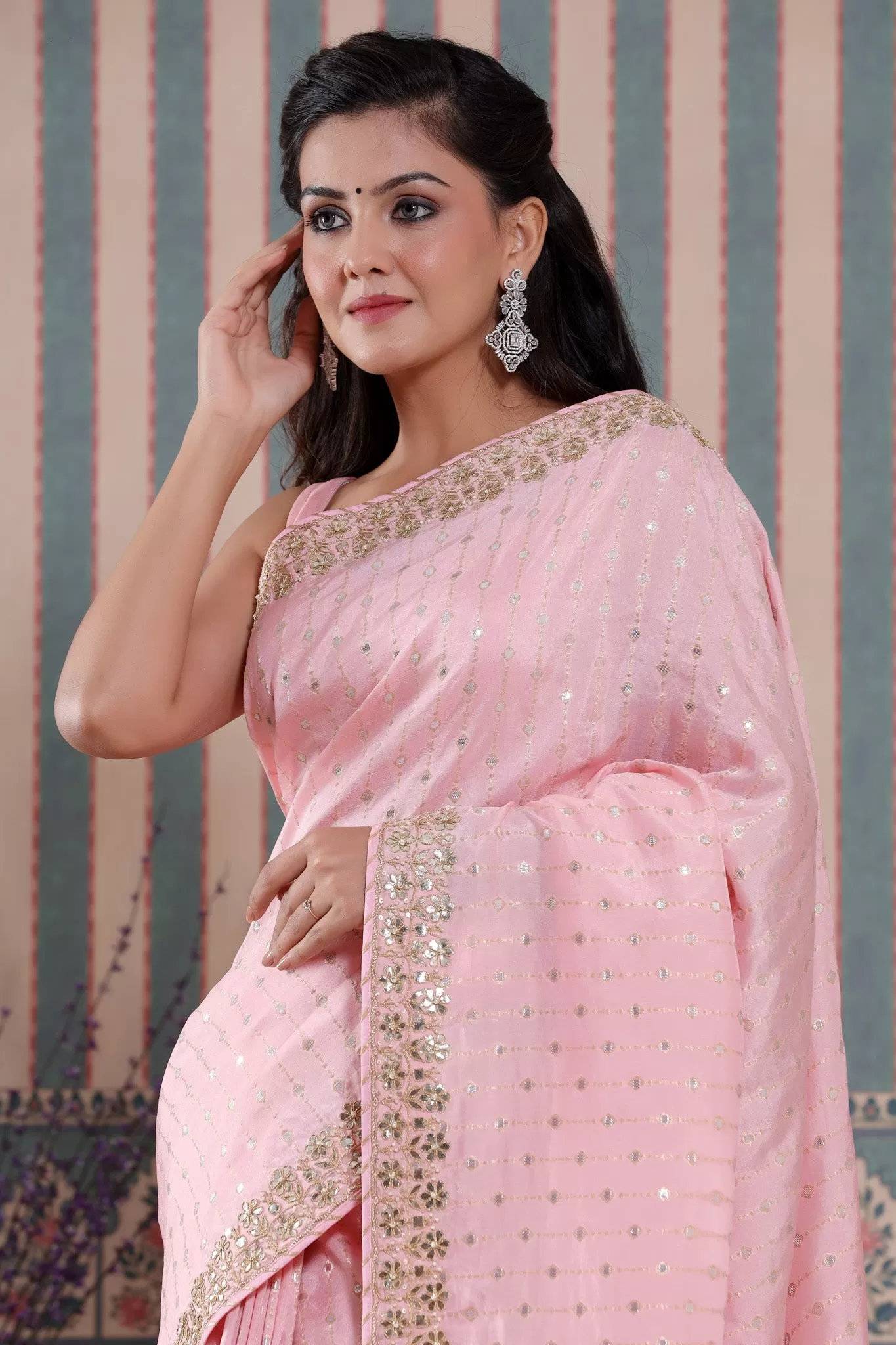 90Z585-NRO Baby Pink Organza Silk Sari with Embroidered Border