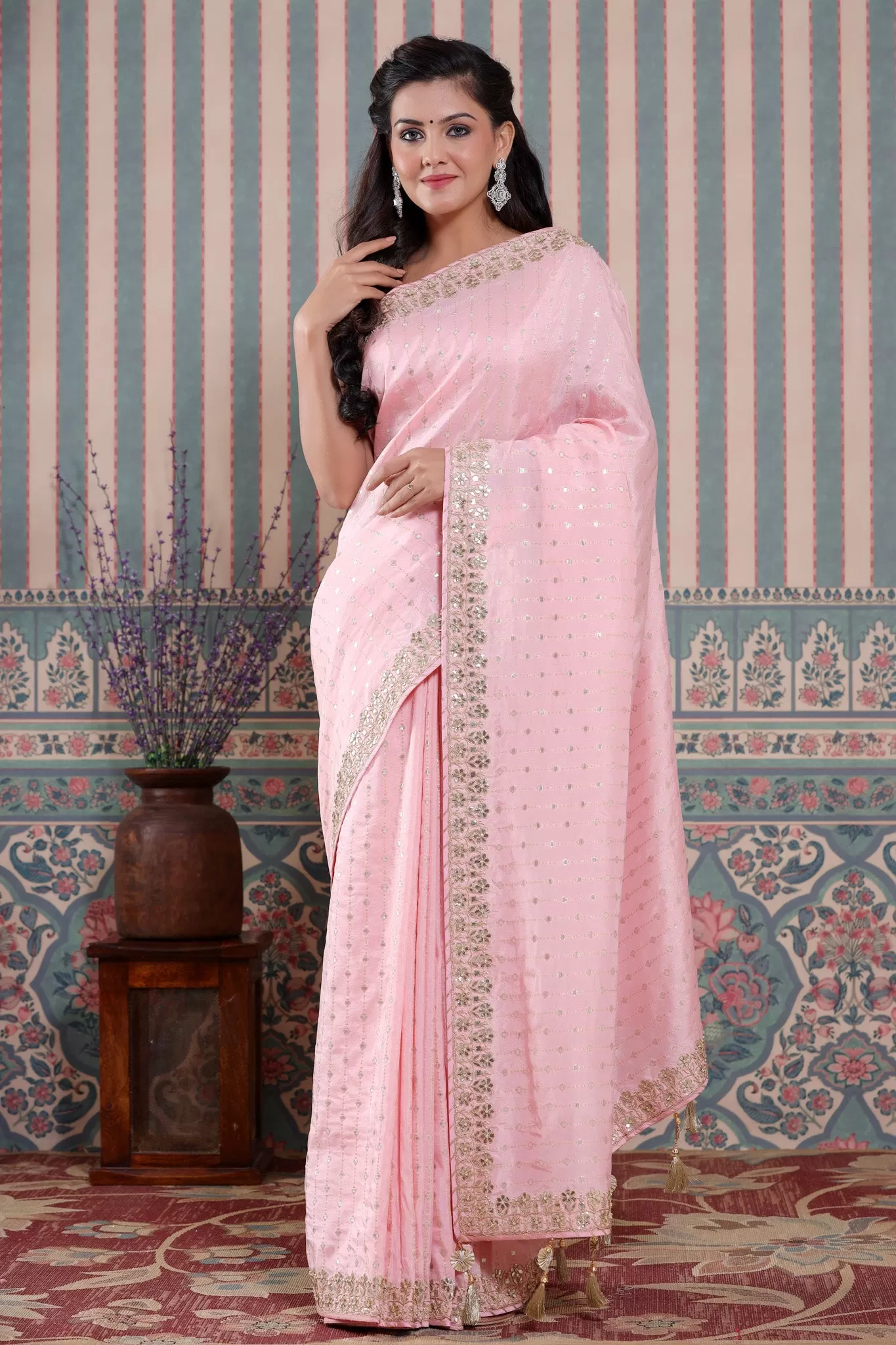 90Z585-NRO Baby Pink Organza Silk Sari with Embroidered Border