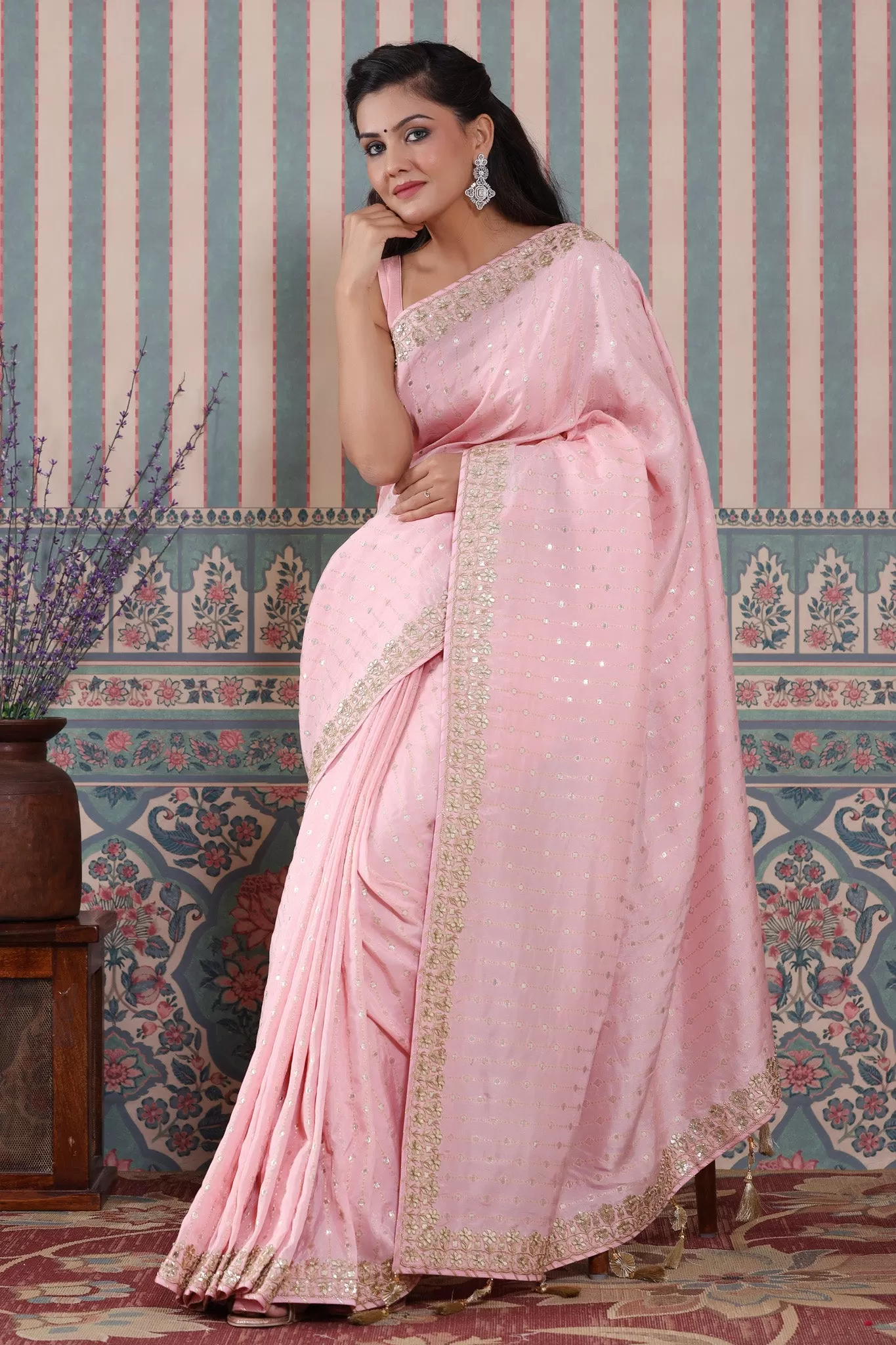 90Z585-NRO Baby Pink Organza Silk Sari with Embroidered Border