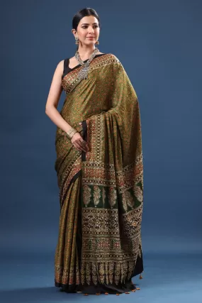 90Z618-RO Mehendi Green Ajrakh Print Modal Silk Saree