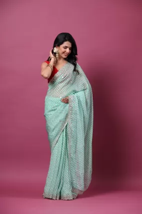 90Z667-RO Mint Green Bandhej Organza Saree with Scalloped Border