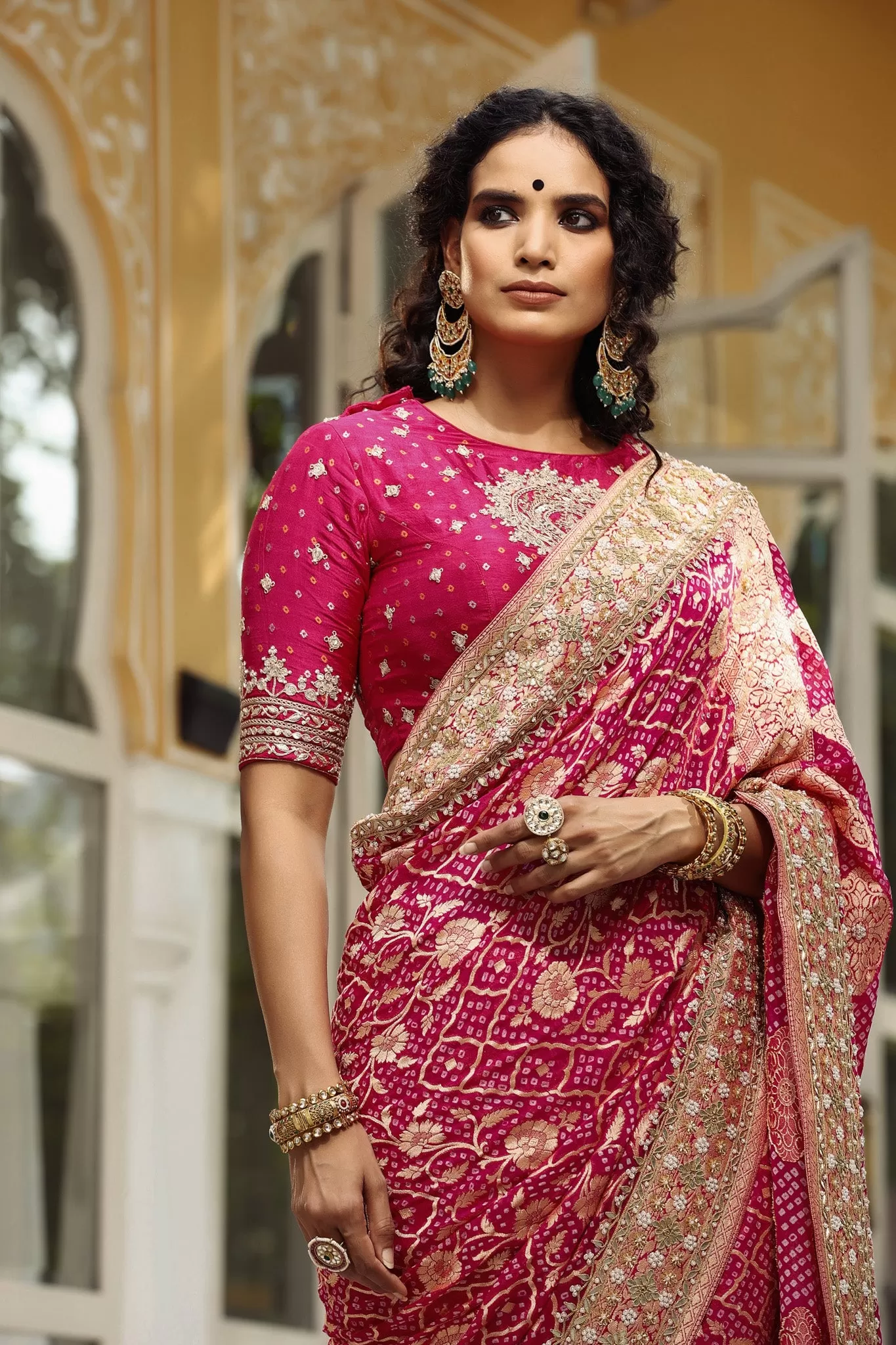 90Z687-NRO Pink Embroidered Banarasi Khaddi Saree with Blouse