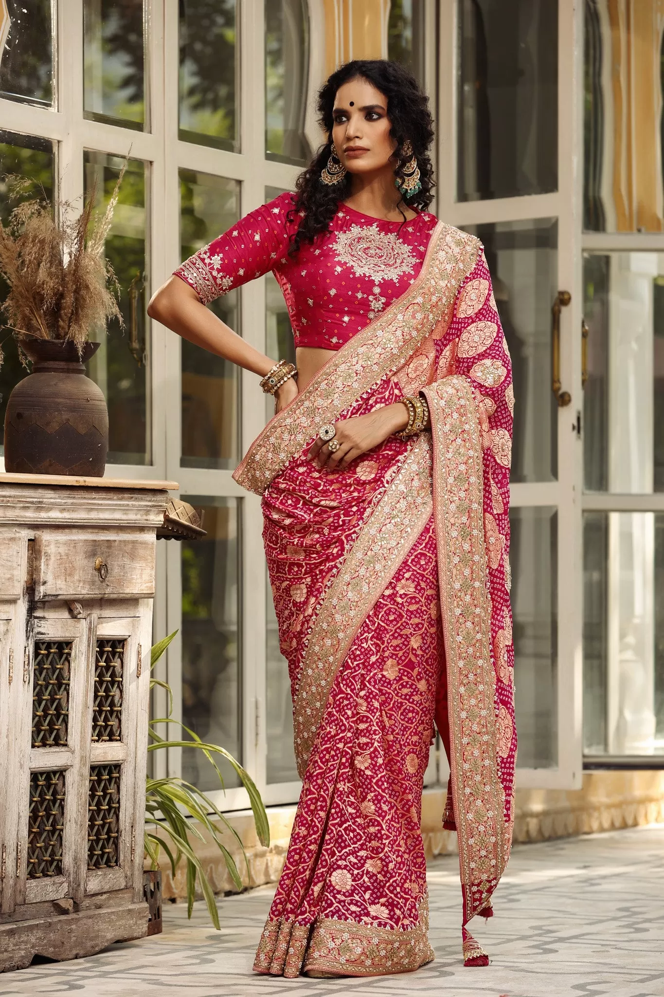 90Z687-NRO Pink Embroidered Banarasi Khaddi Saree with Blouse