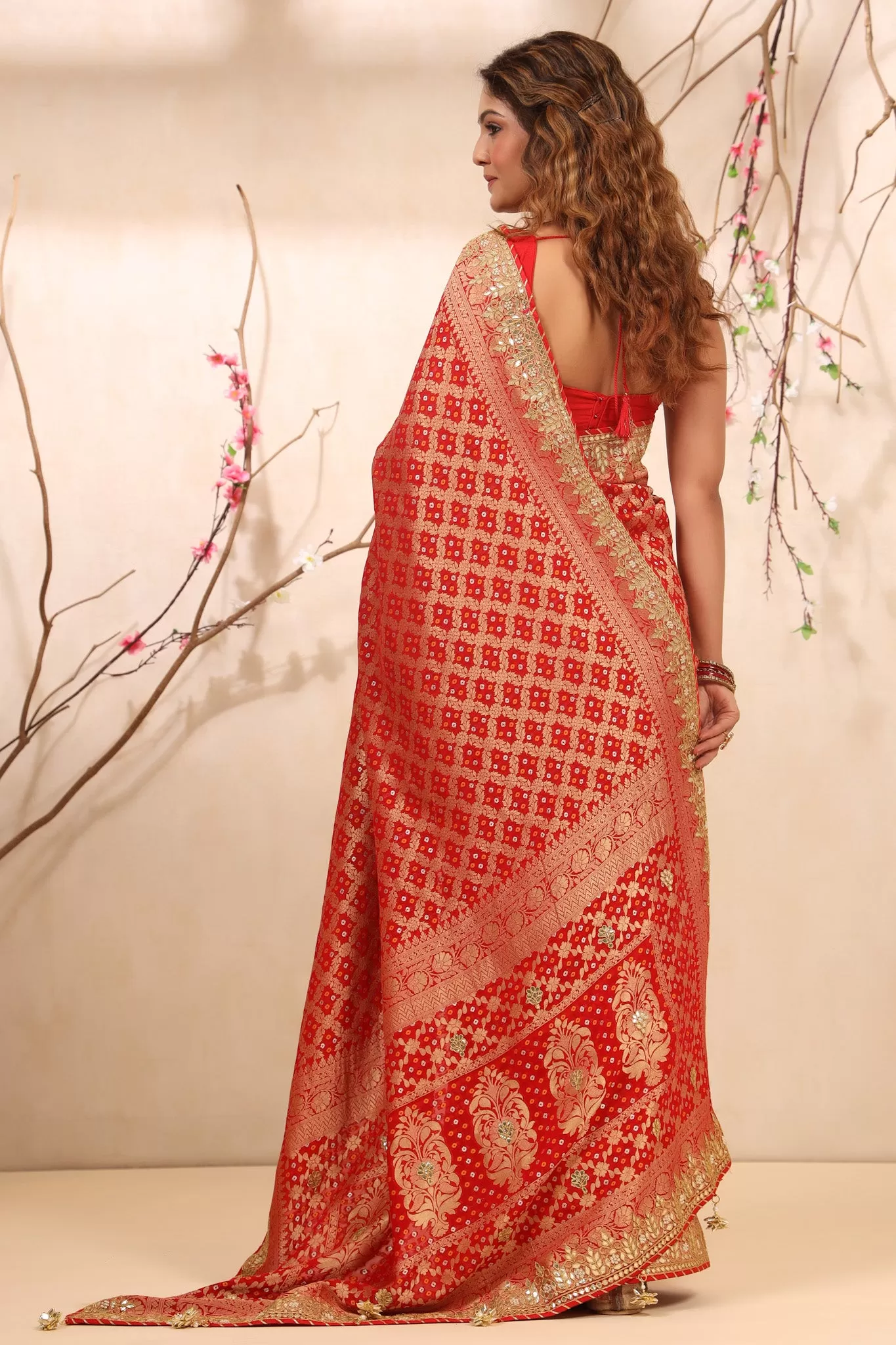 90Z727-RO Red Bandhej Banarasi Saree with Gota Patti Border