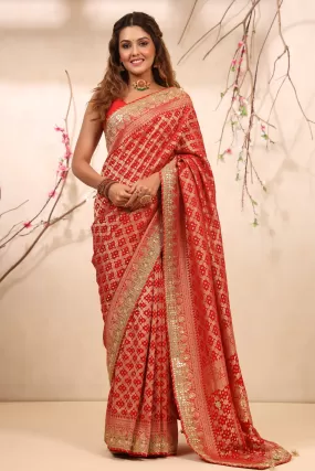 90Z727-RO Red Bandhej Banarasi Saree with Gota Patti Border