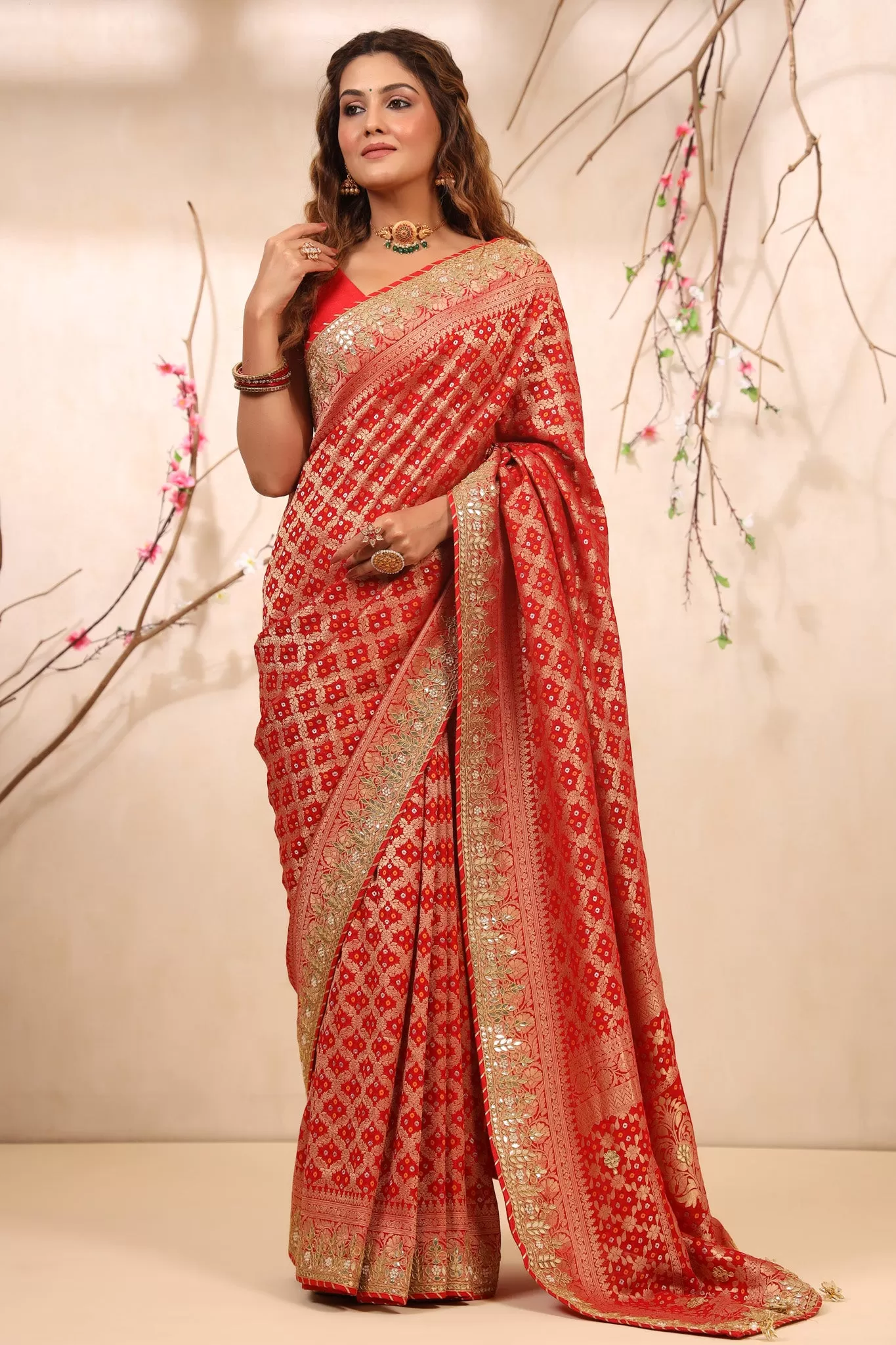 90Z727-RO Red Bandhej Banarasi Saree with Gota Patti Border