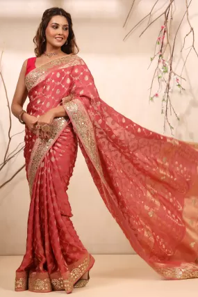 90Z759-RO Blush Pink Georgette Banarasi Sari with Embroidered Border