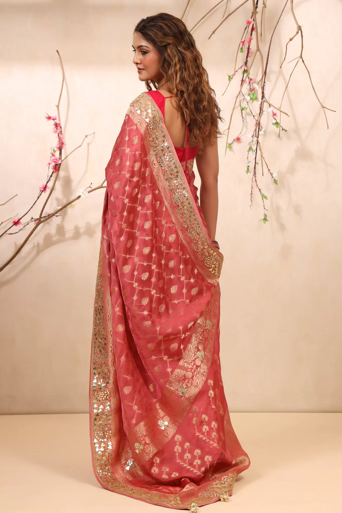 90Z759-RO Blush Pink Georgette Banarasi Sari with Embroidered Border