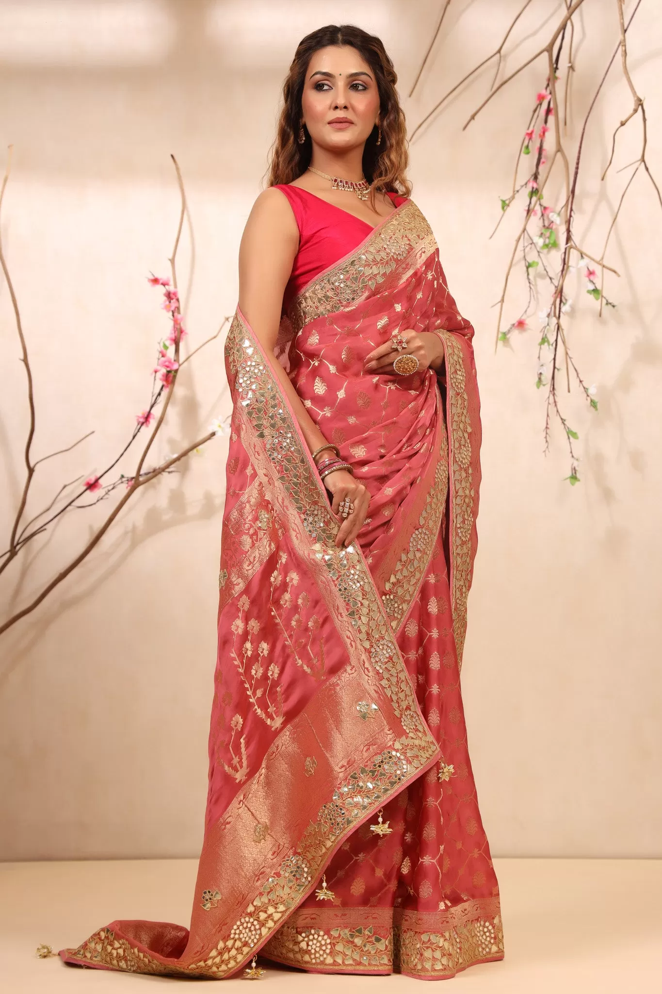 90Z759-RO Blush Pink Georgette Banarasi Sari with Embroidered Border