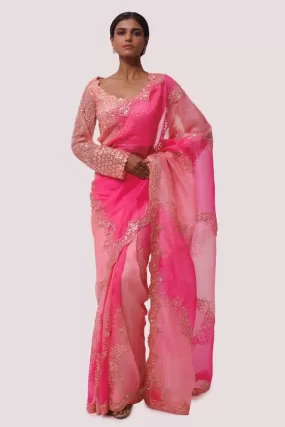 90Z860-RO Pink Dual Toned Organza Saree Set