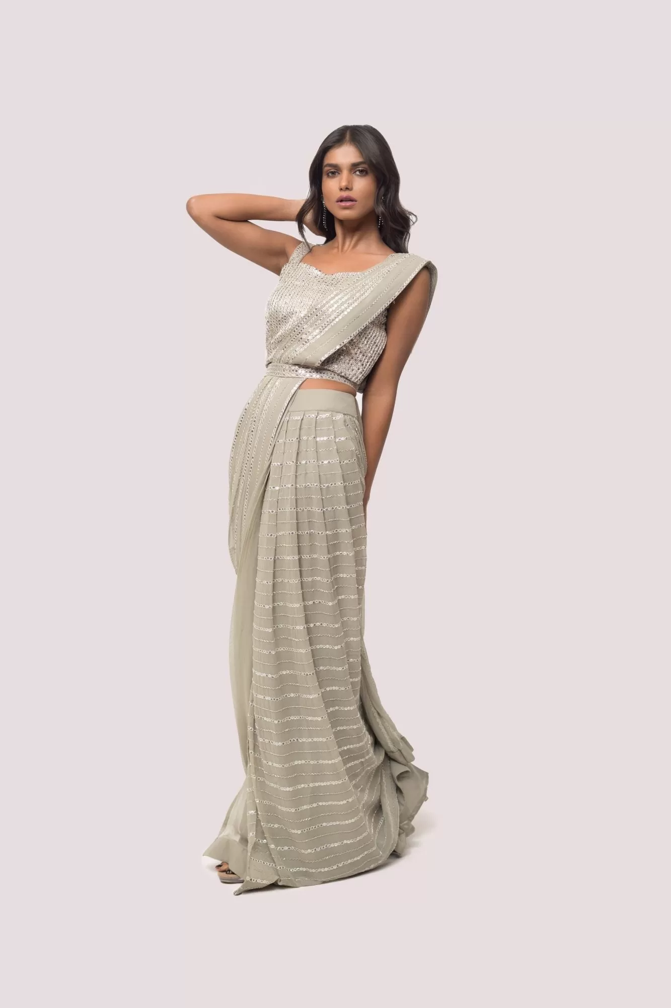 90Z872-RO Grey Georgette Pre Stiched Drape Saree Set