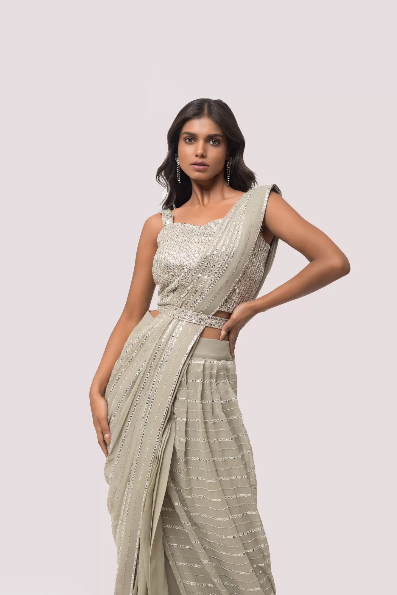 90Z872-RO Grey Georgette Pre Stiched Drape Saree Set