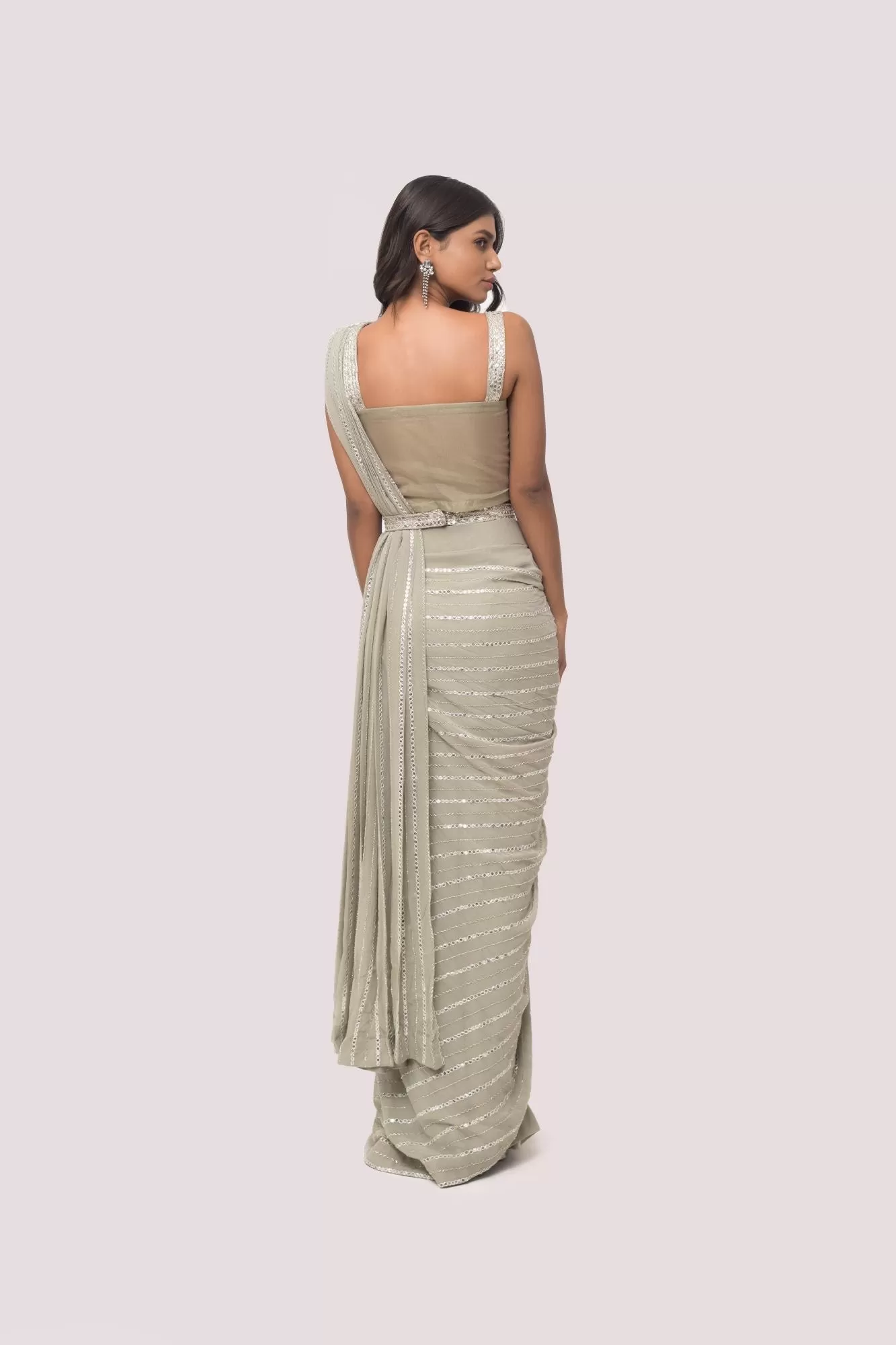 90Z872-RO Grey Georgette Pre Stiched Drape Saree Set