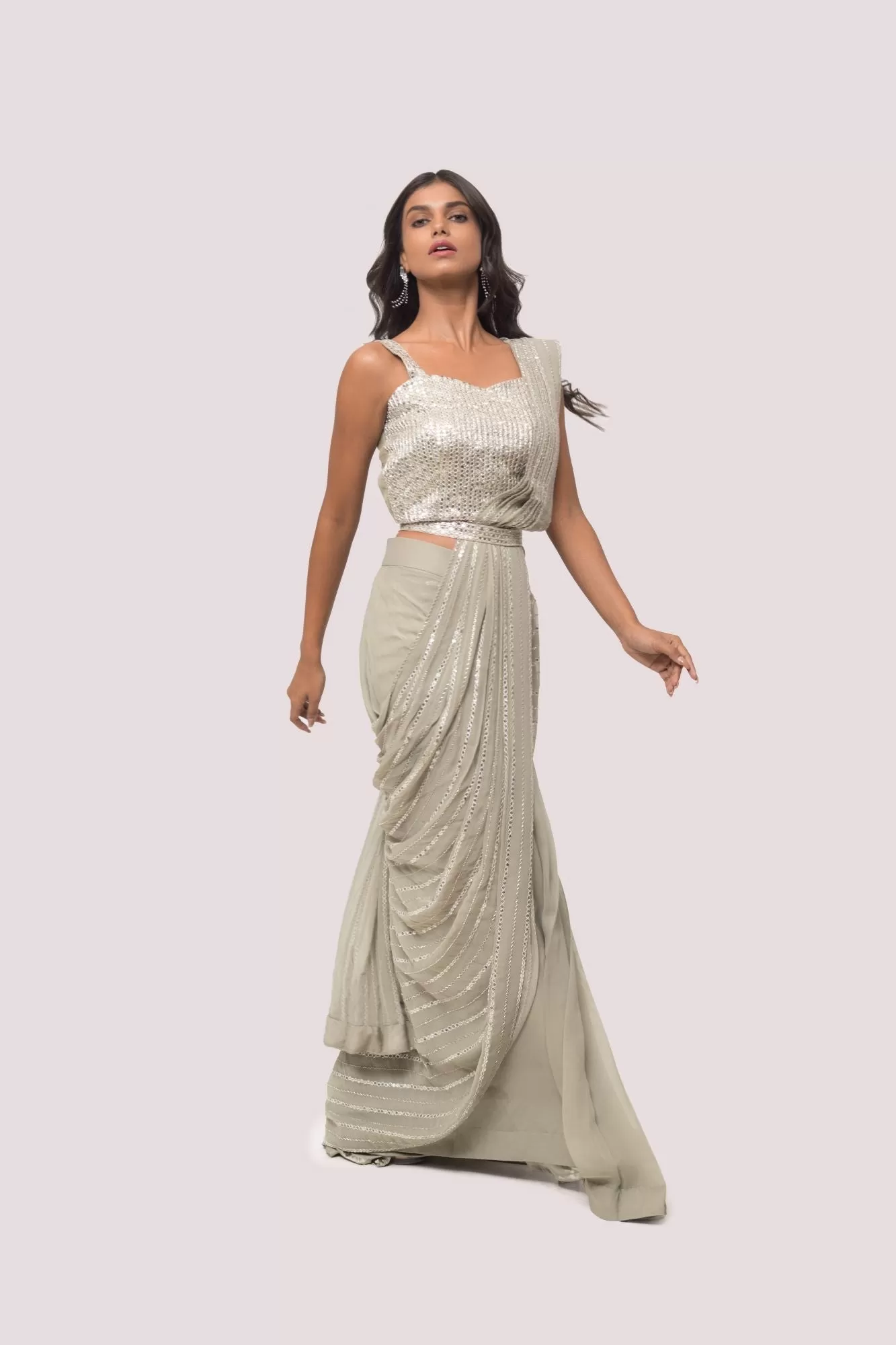 90Z872-RO Grey Georgette Pre Stiched Drape Saree Set