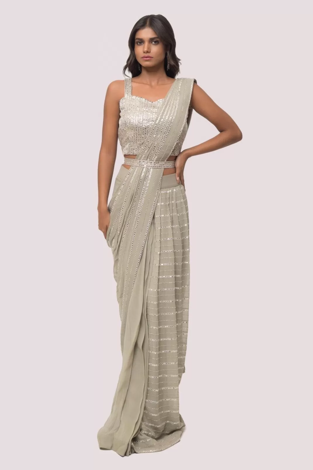 90Z872-RO Grey Georgette Pre Stiched Drape Saree Set