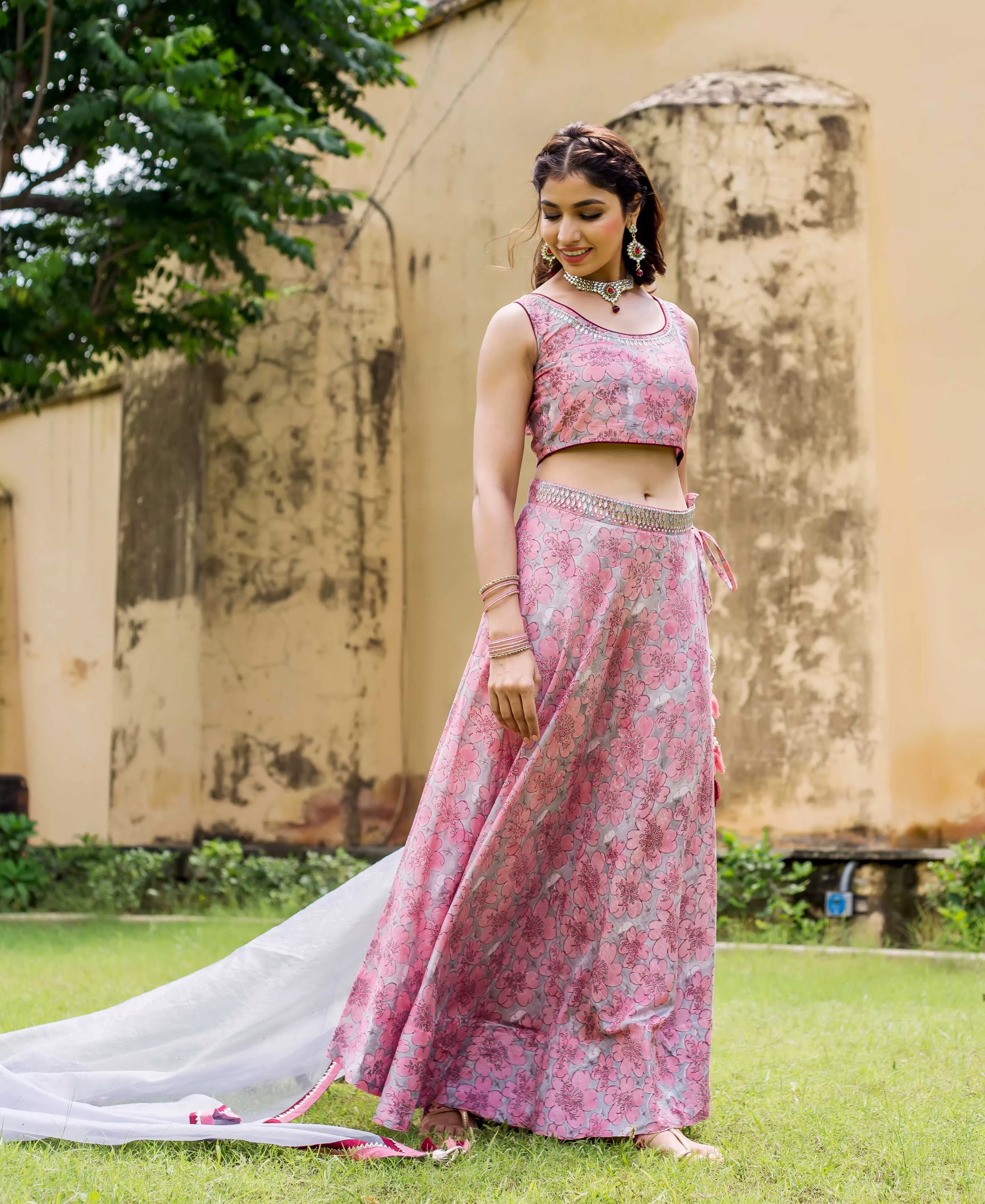 Aayesha Pink and Grey Hand Block Printed Lehenga Set