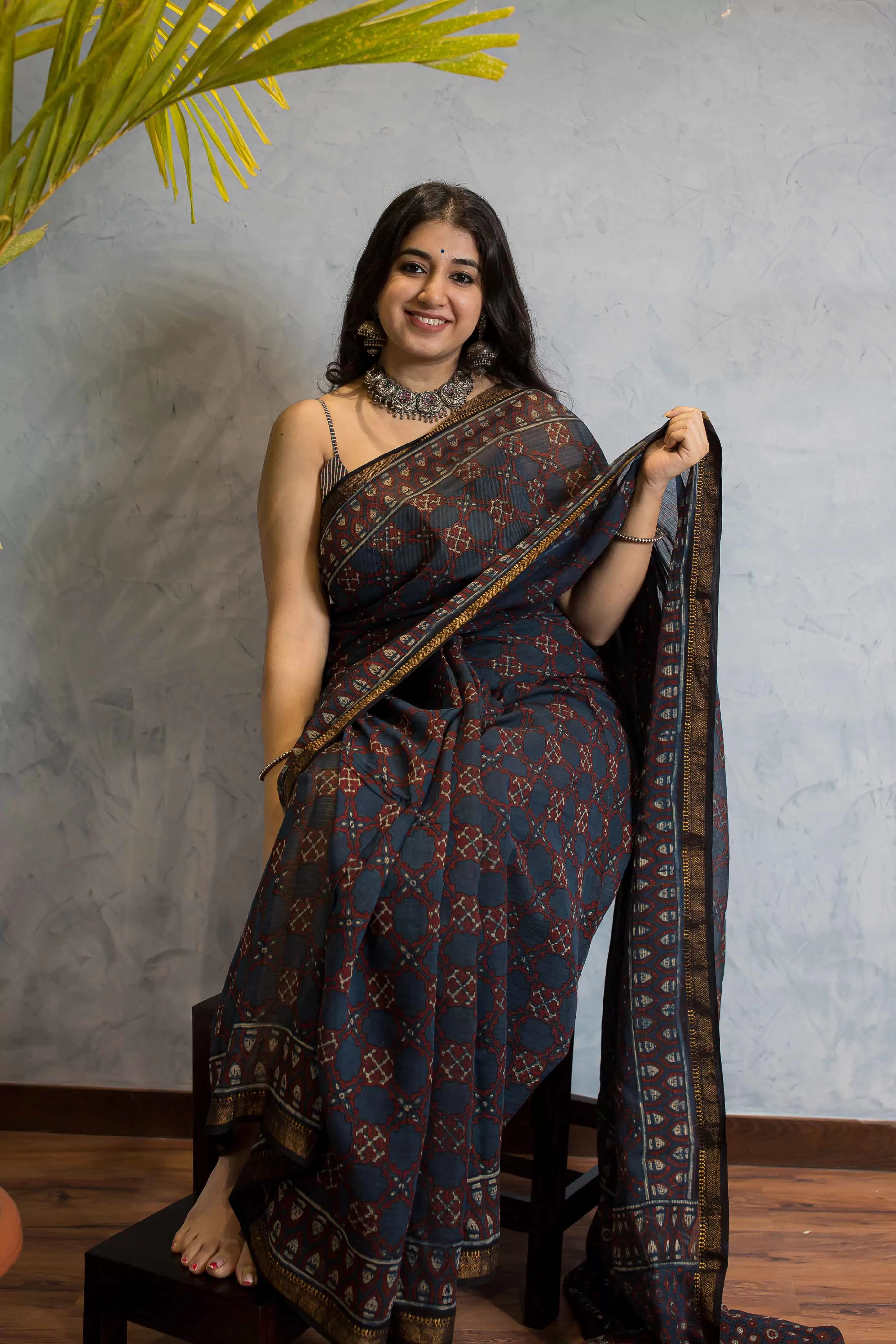 Ajrakh Maheshwari Silk Natural Dyed Saree