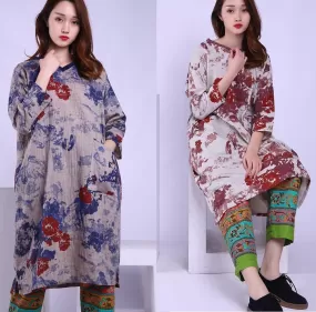 Babakud Cotton Linen Print Spring Long Sleeve Dress