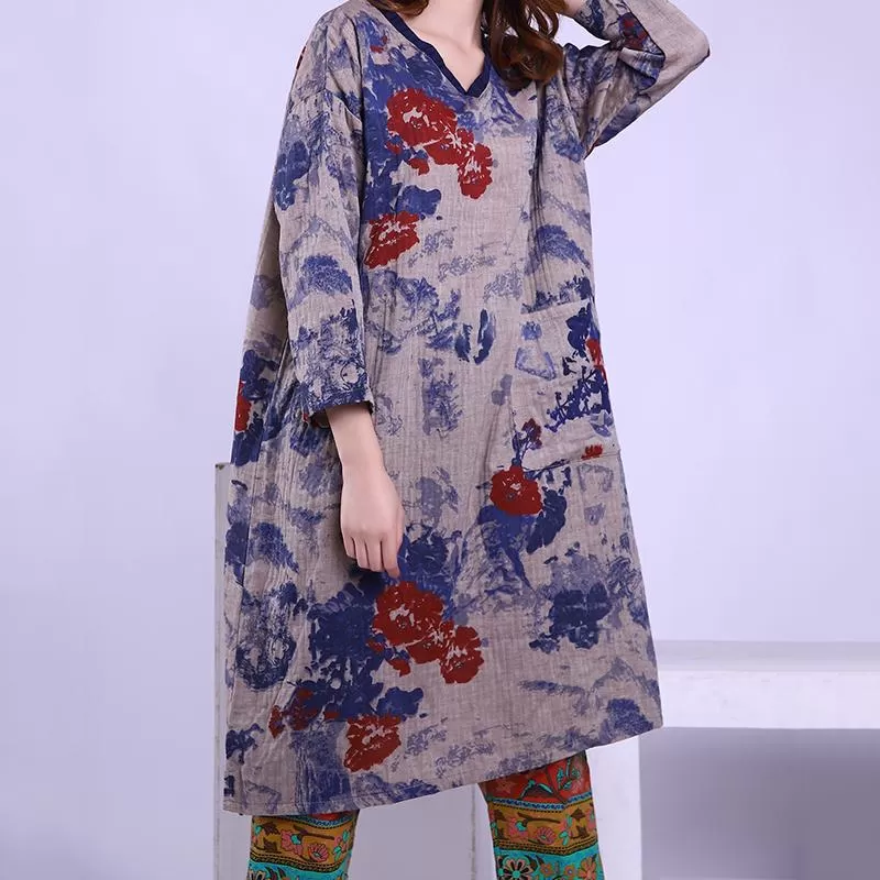 Babakud Cotton Linen Print Spring Long Sleeve Dress