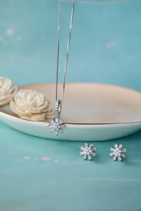 Baguette Treaty Flower Sterling Silver Pendant Set