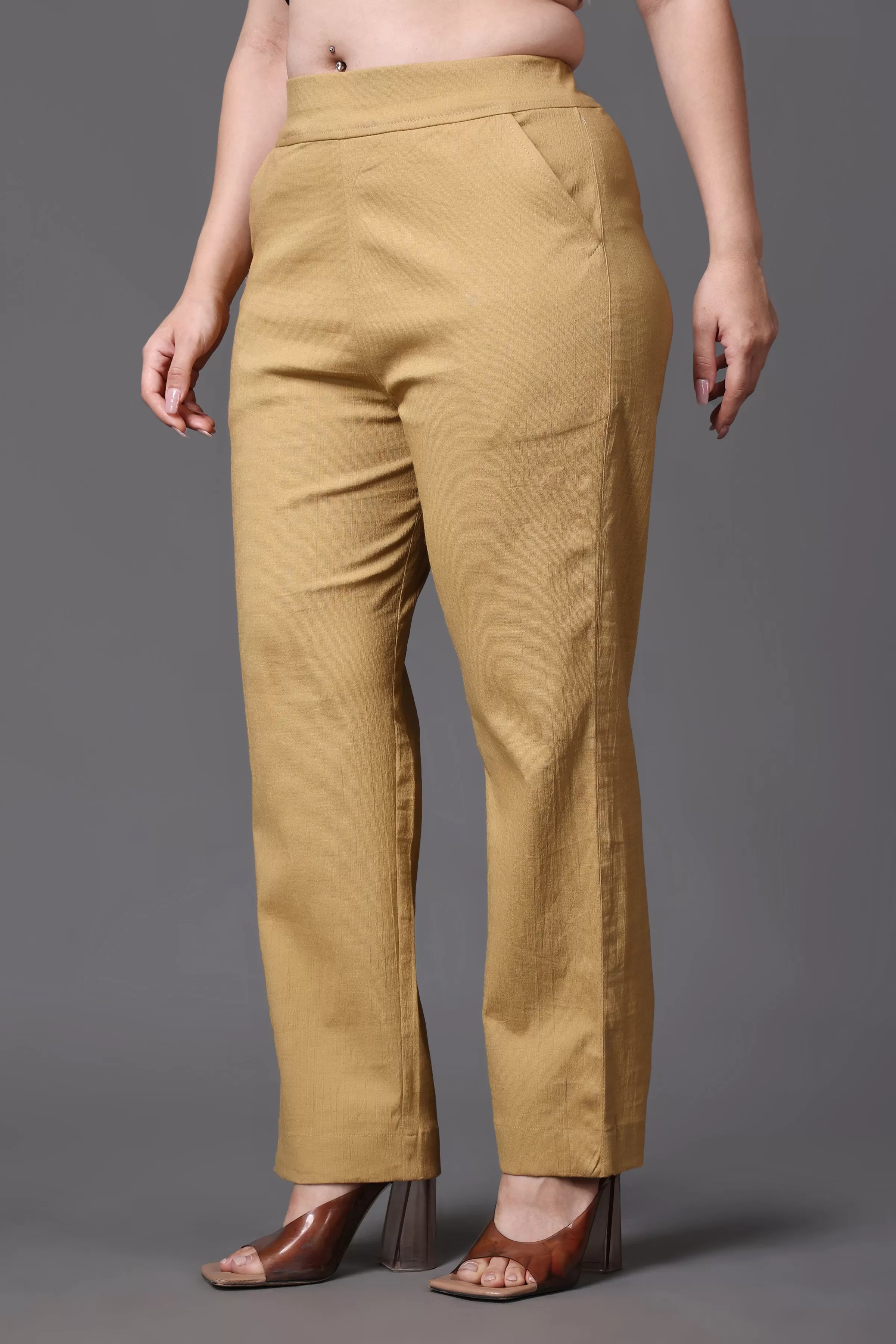 Beige Lycra Slub Pants