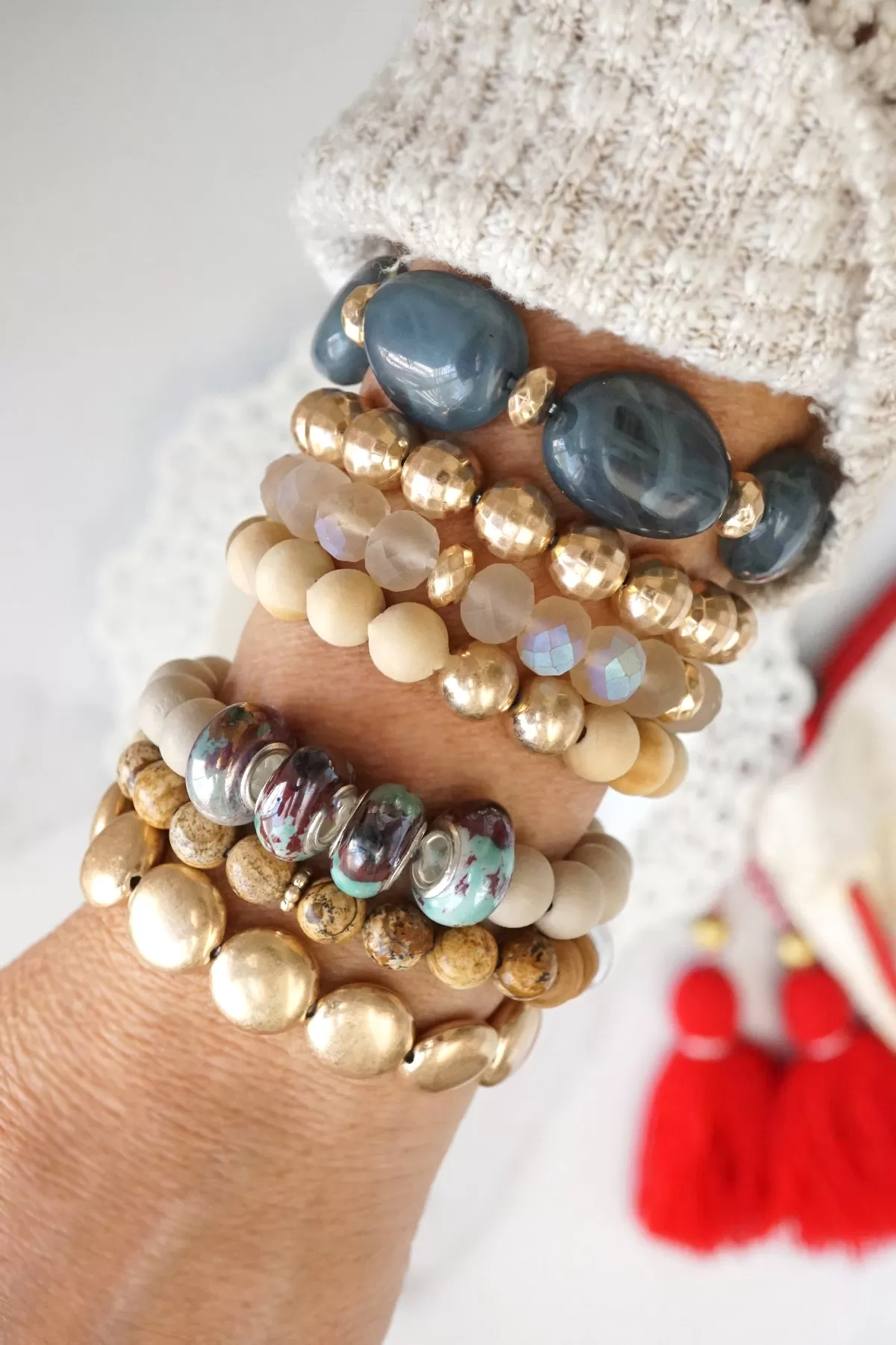 Bracelet Stack of 3 pieces Neutrals Wood Metal and Jasper Stone beads