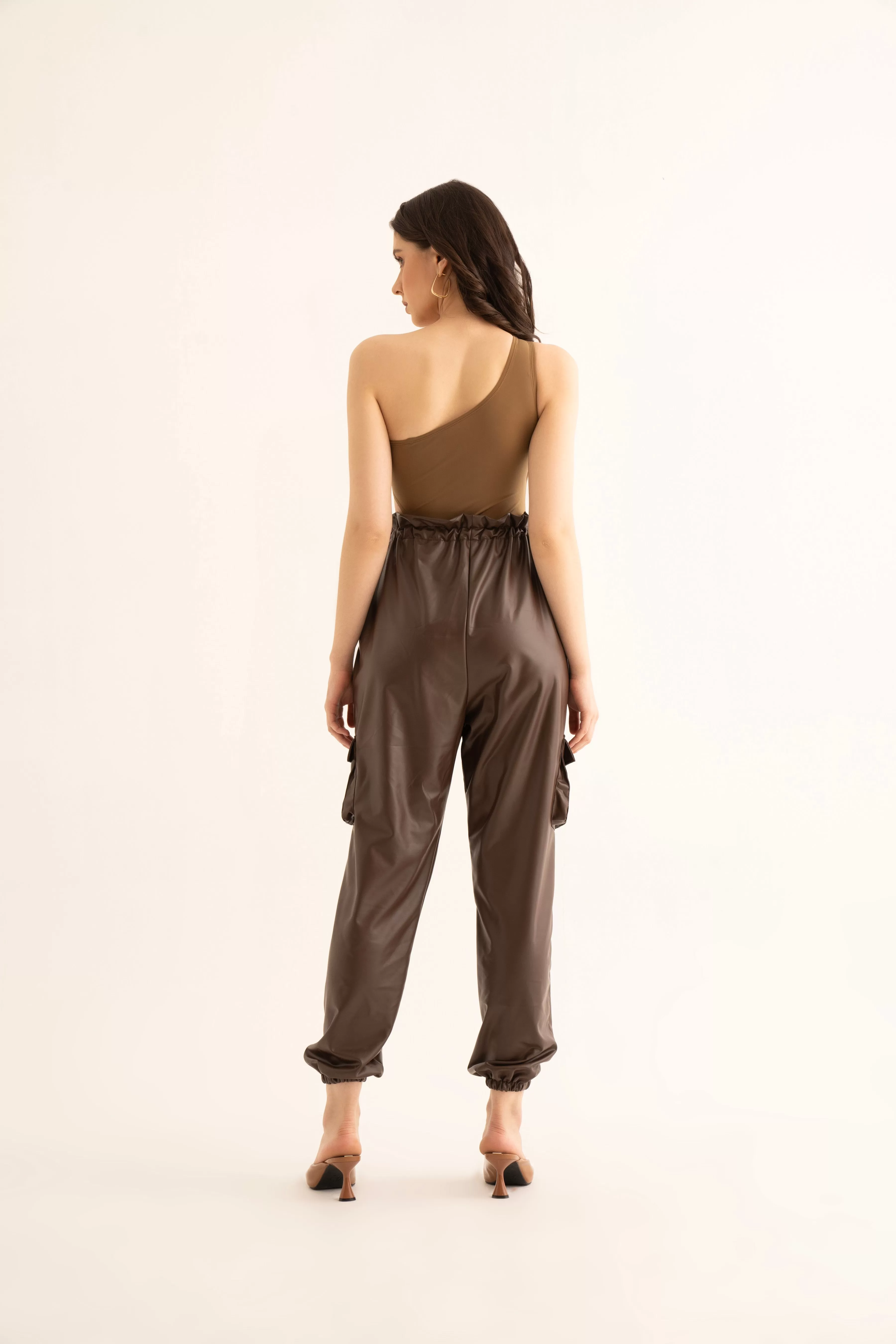 Brown Faux Leather Cargo Pants and Cut-Out Bodysuit Co-ord Set