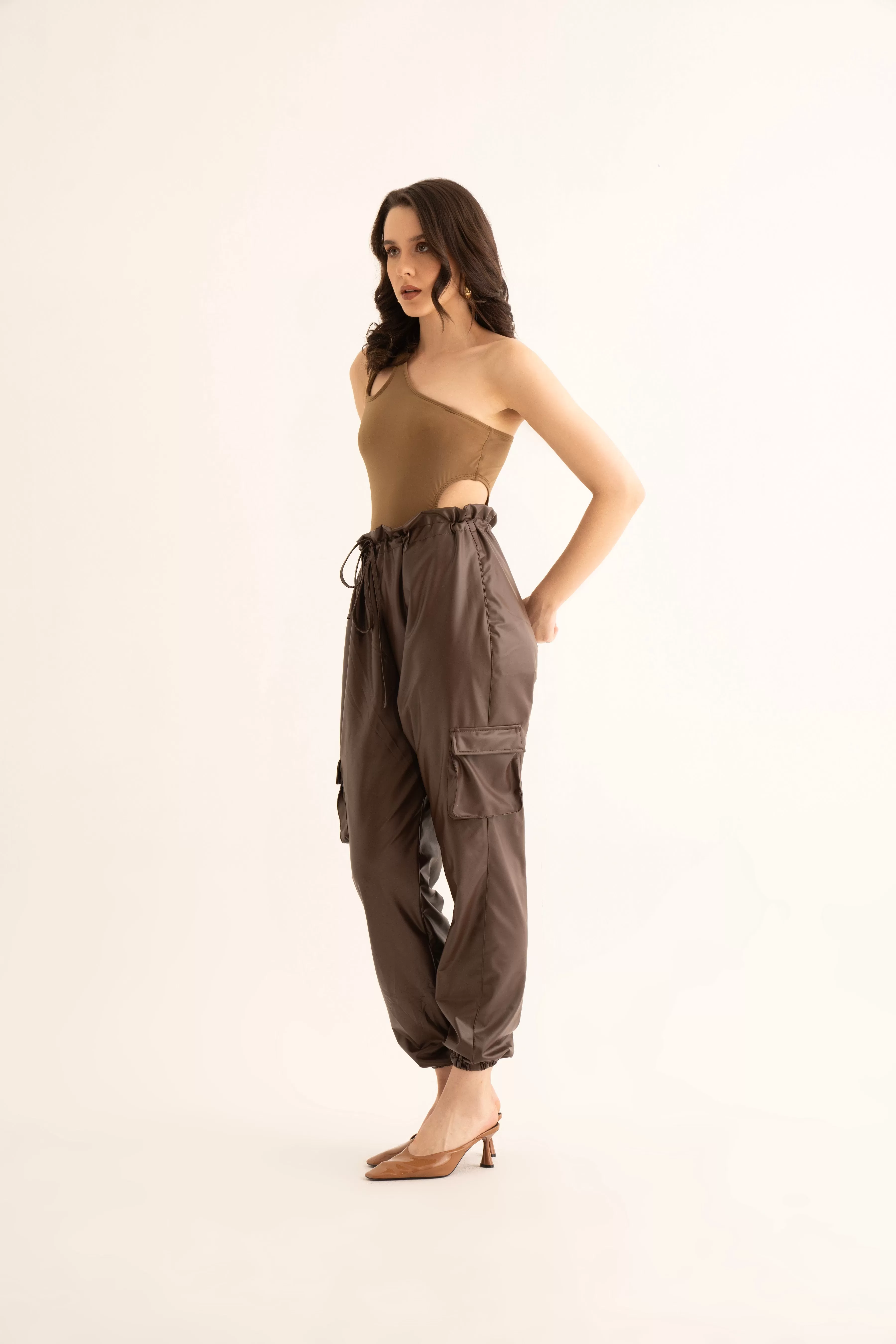 Brown Faux Leather Cargo Pants and Cut-Out Bodysuit Co-ord Set