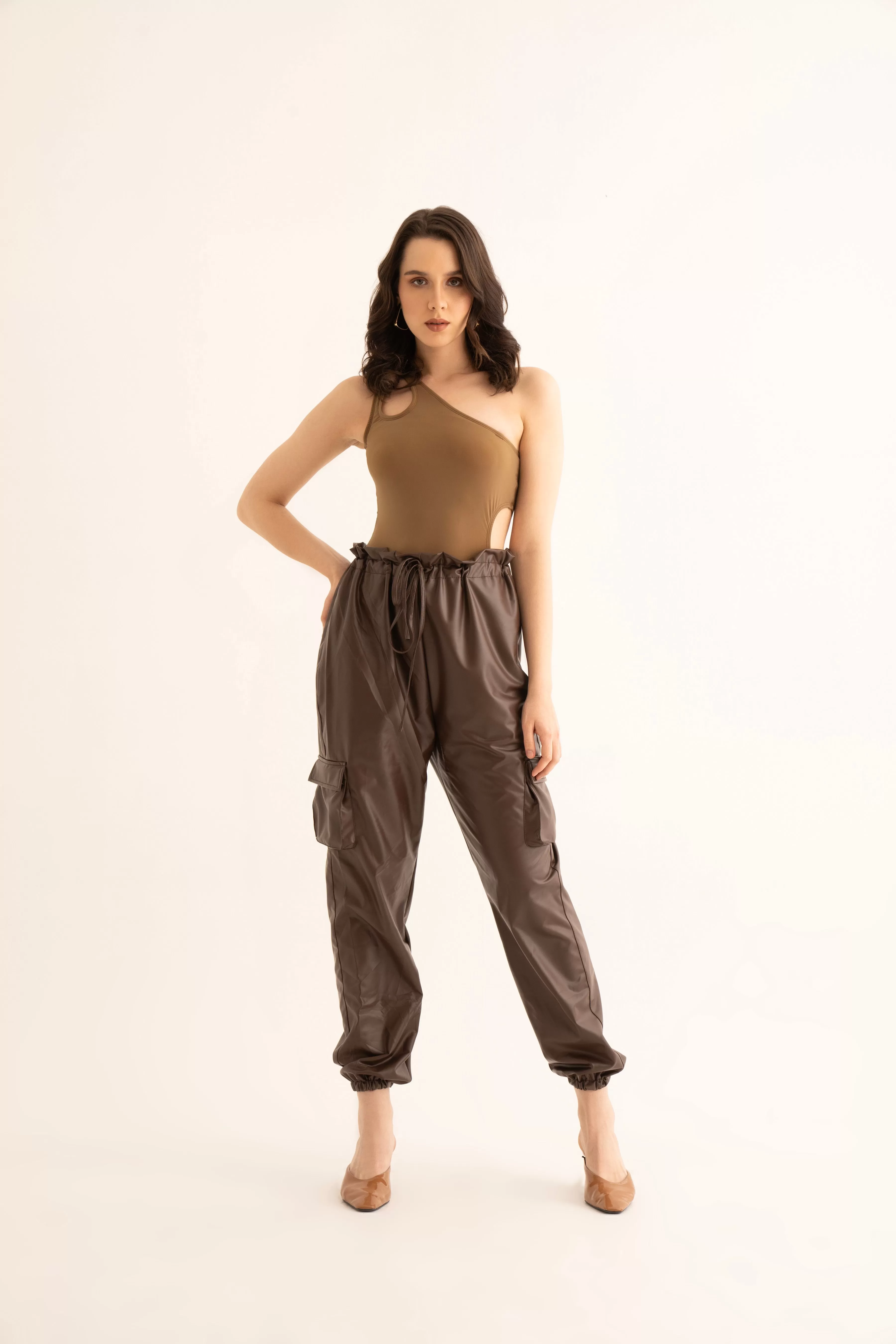 Brown Faux Leather Cargo Pants and Cut-Out Bodysuit Co-ord Set