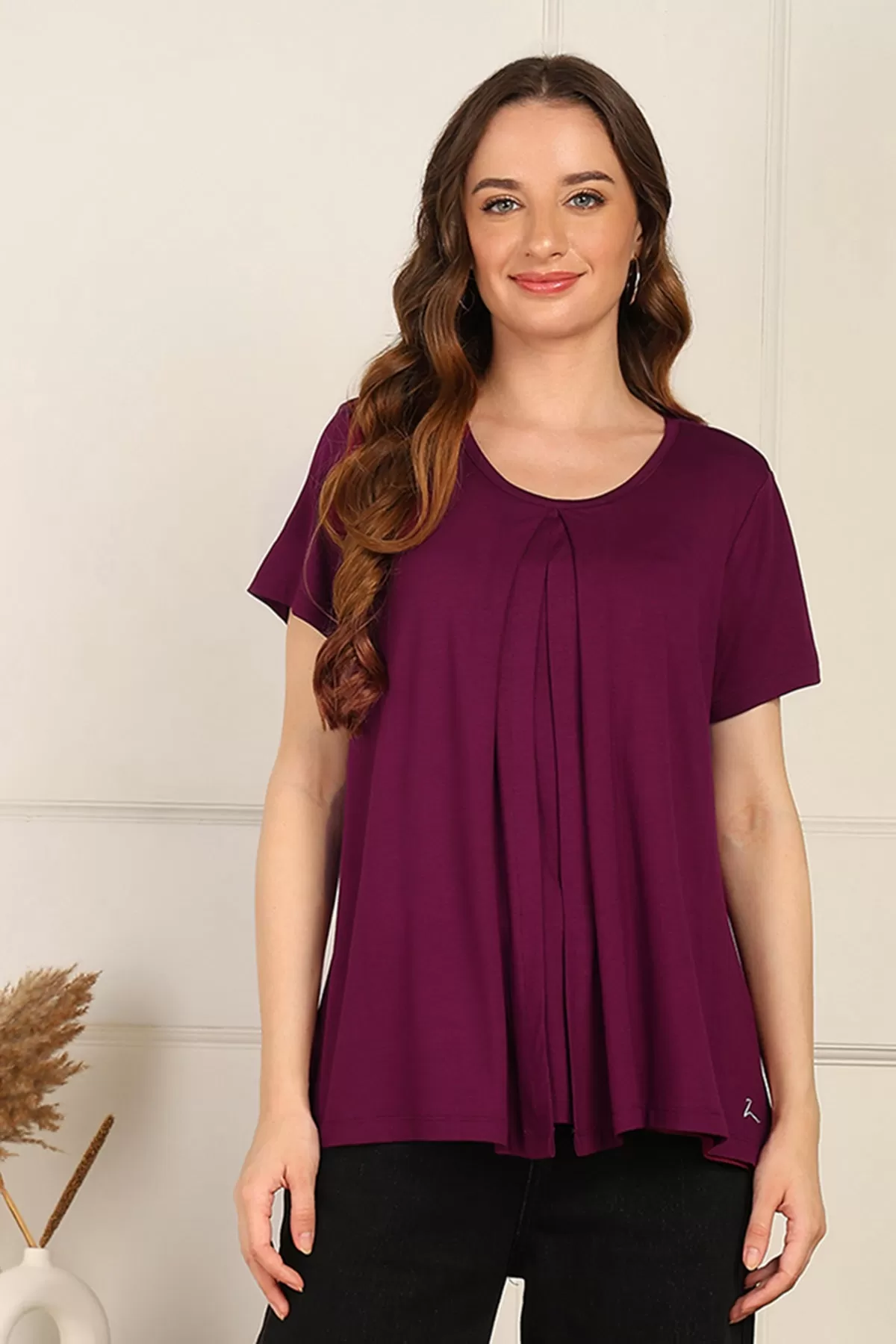 Burgundy Front & Back Pleated Zipless Nursing Top